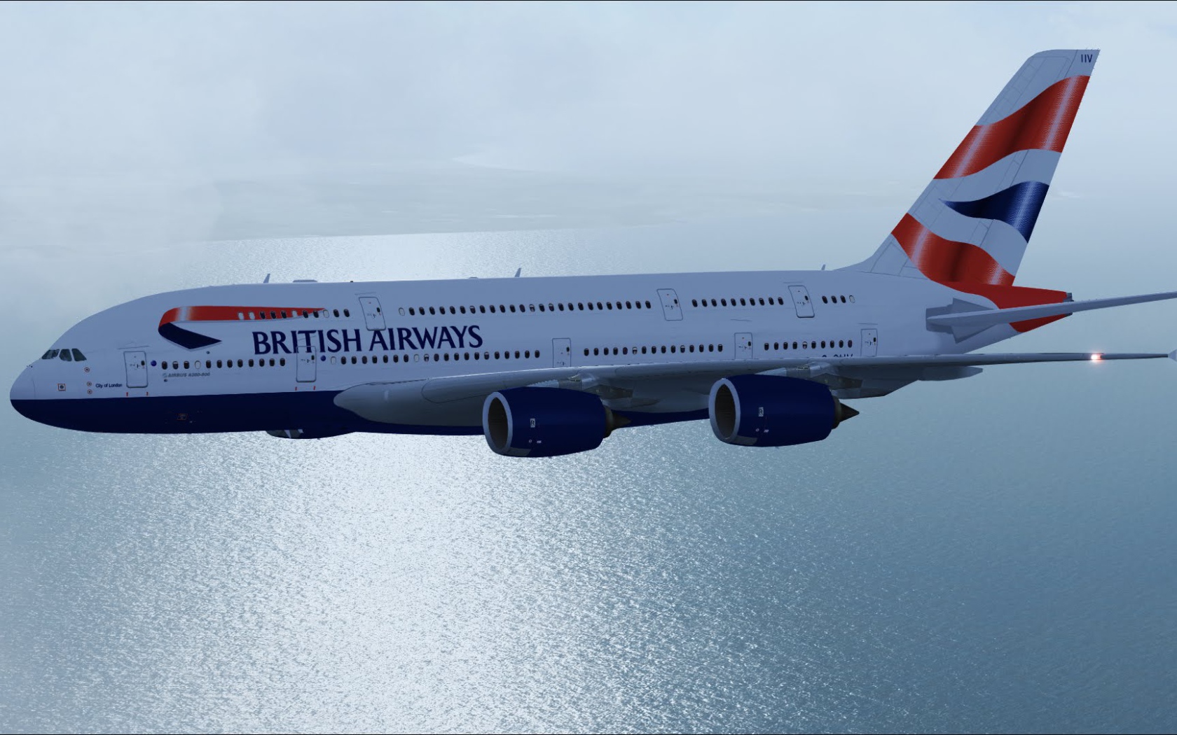 Самолет Airbus A380 British Airways летит над океаном 
