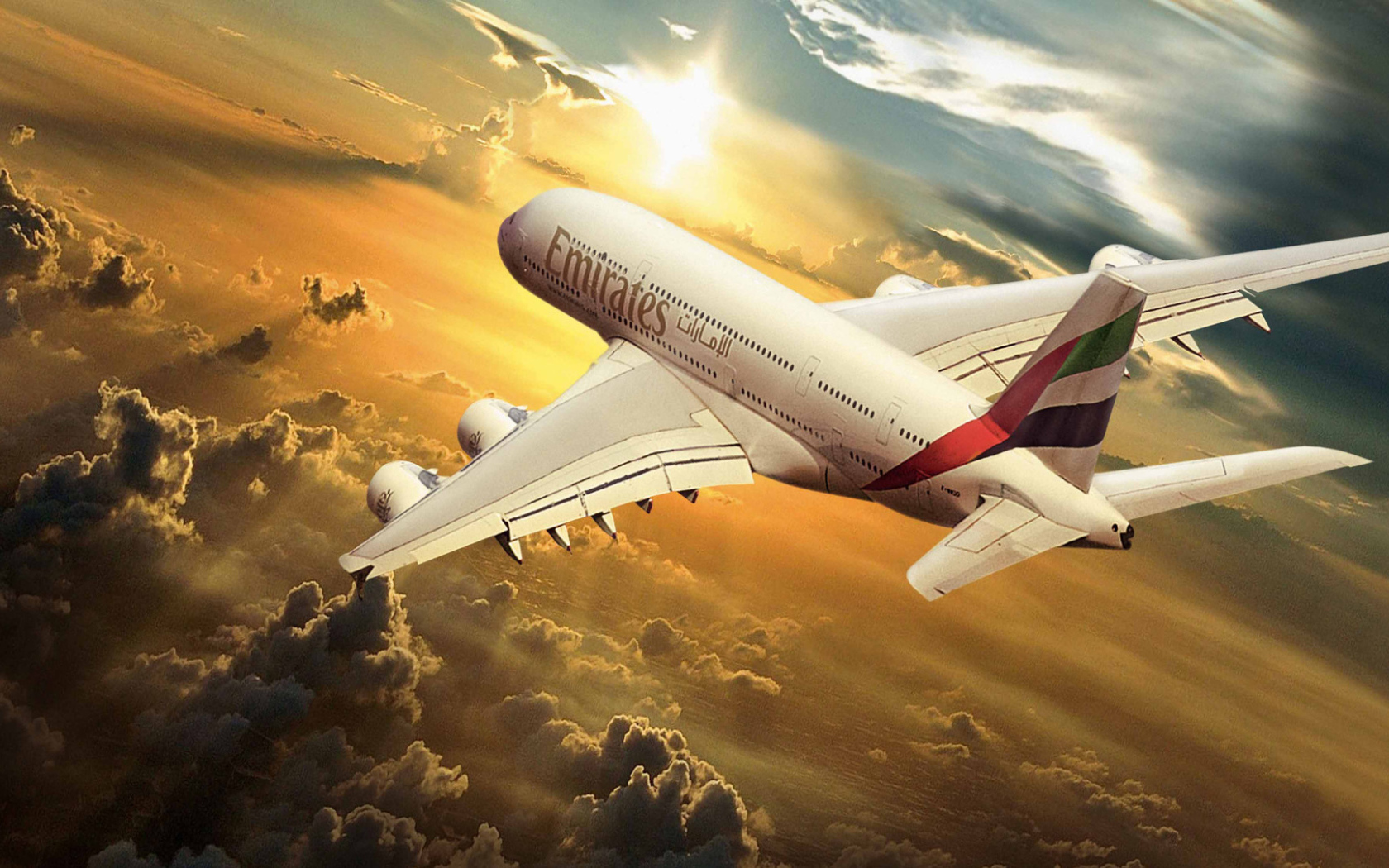 Airbus авиакомпании Emirates в лучах солнца