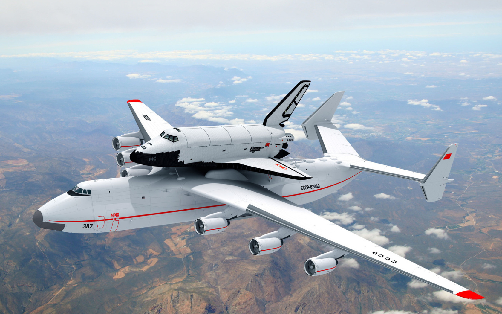 Самолет Ан - 225 Мрия с ракетой носителем «Буран» в небе