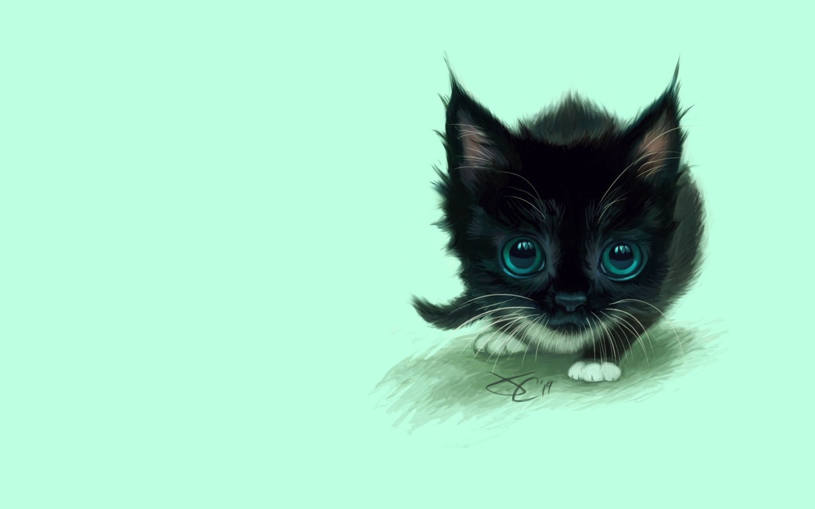 Маленький нарисованный черный котенок  с большими зелеными глазами