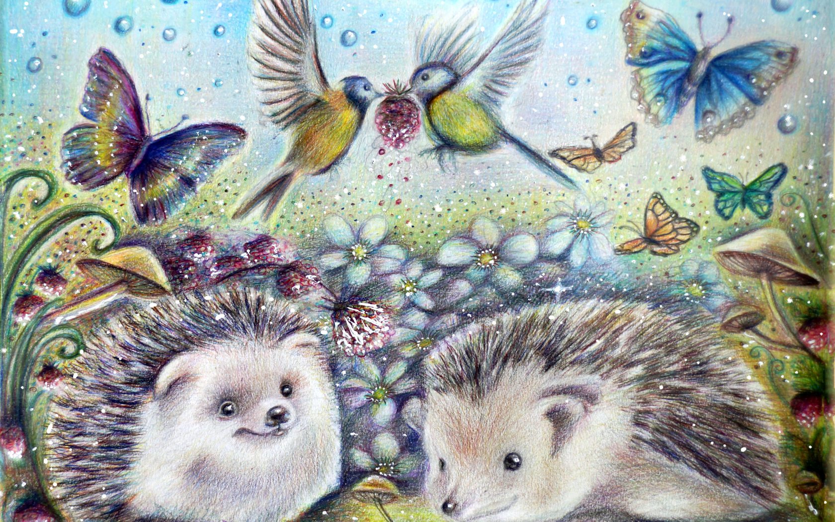 Нарисованные ежики с бабочками и птичками