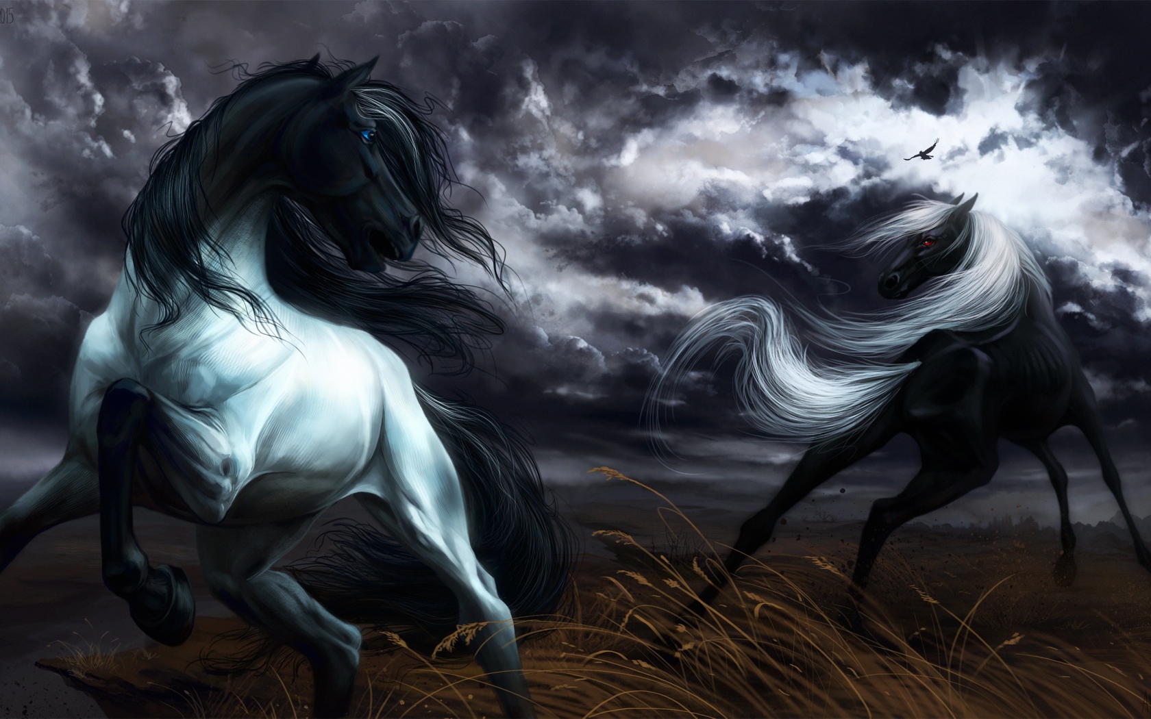 Две нарисованные черные лошади скачут под грозовым небом