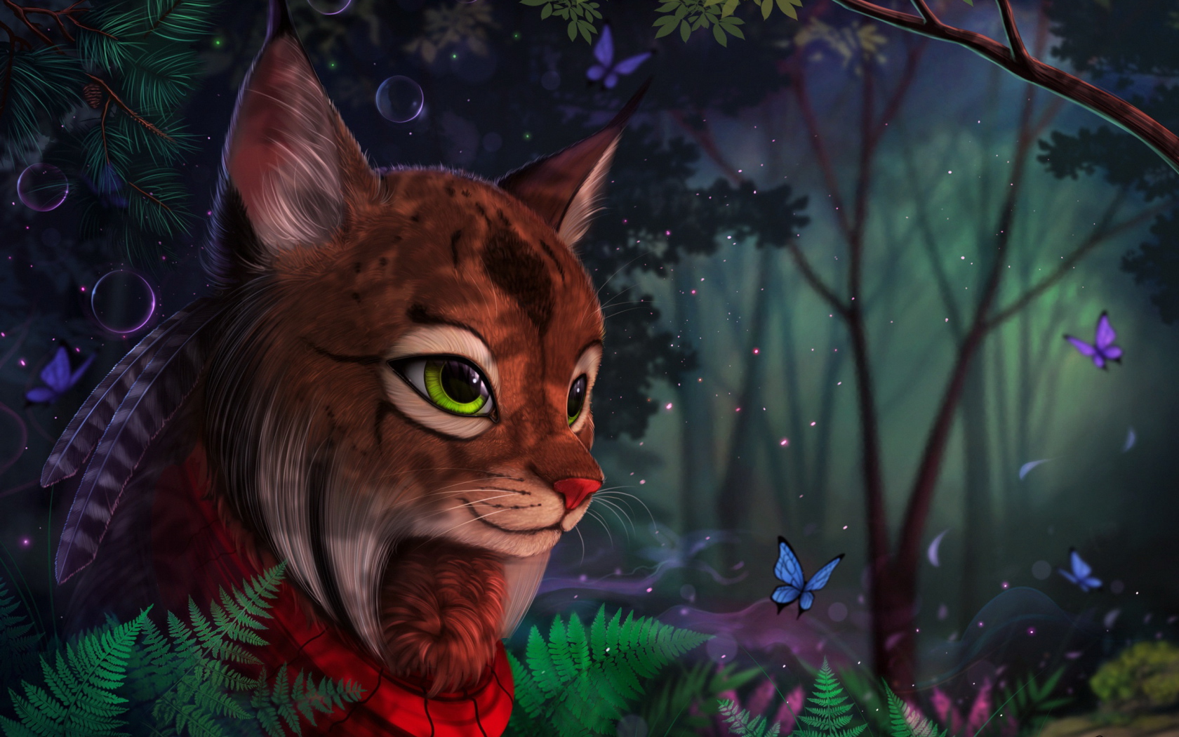 Фантастическая волшебная рысь в лесу с бабочками