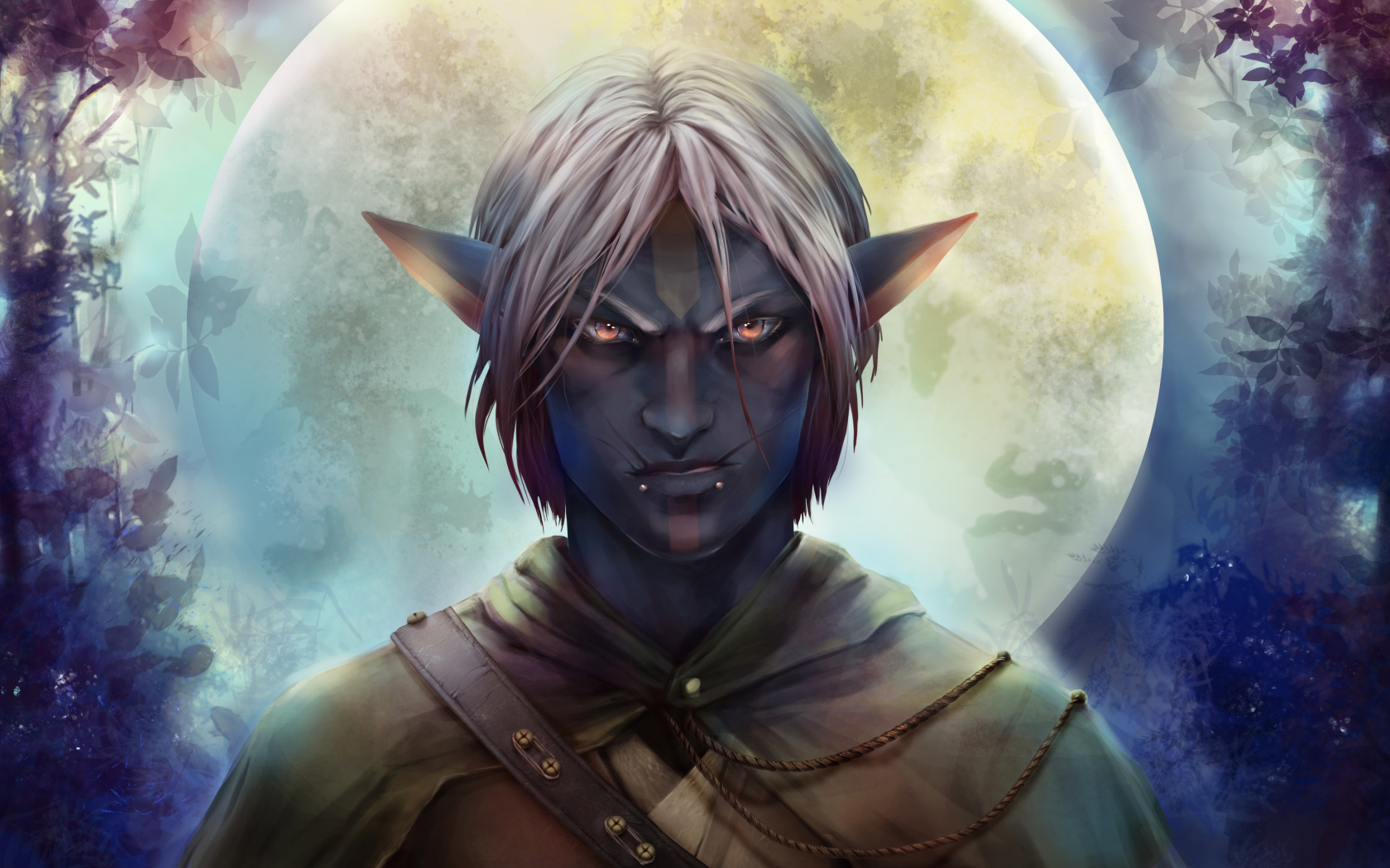 Хмурый мужчина эльф на фоне луны фэнтези