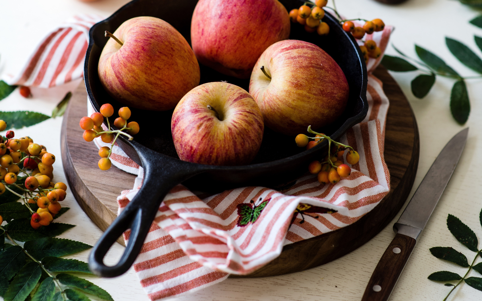 Красивые красные яблоки на сковороде с ягодами рябины