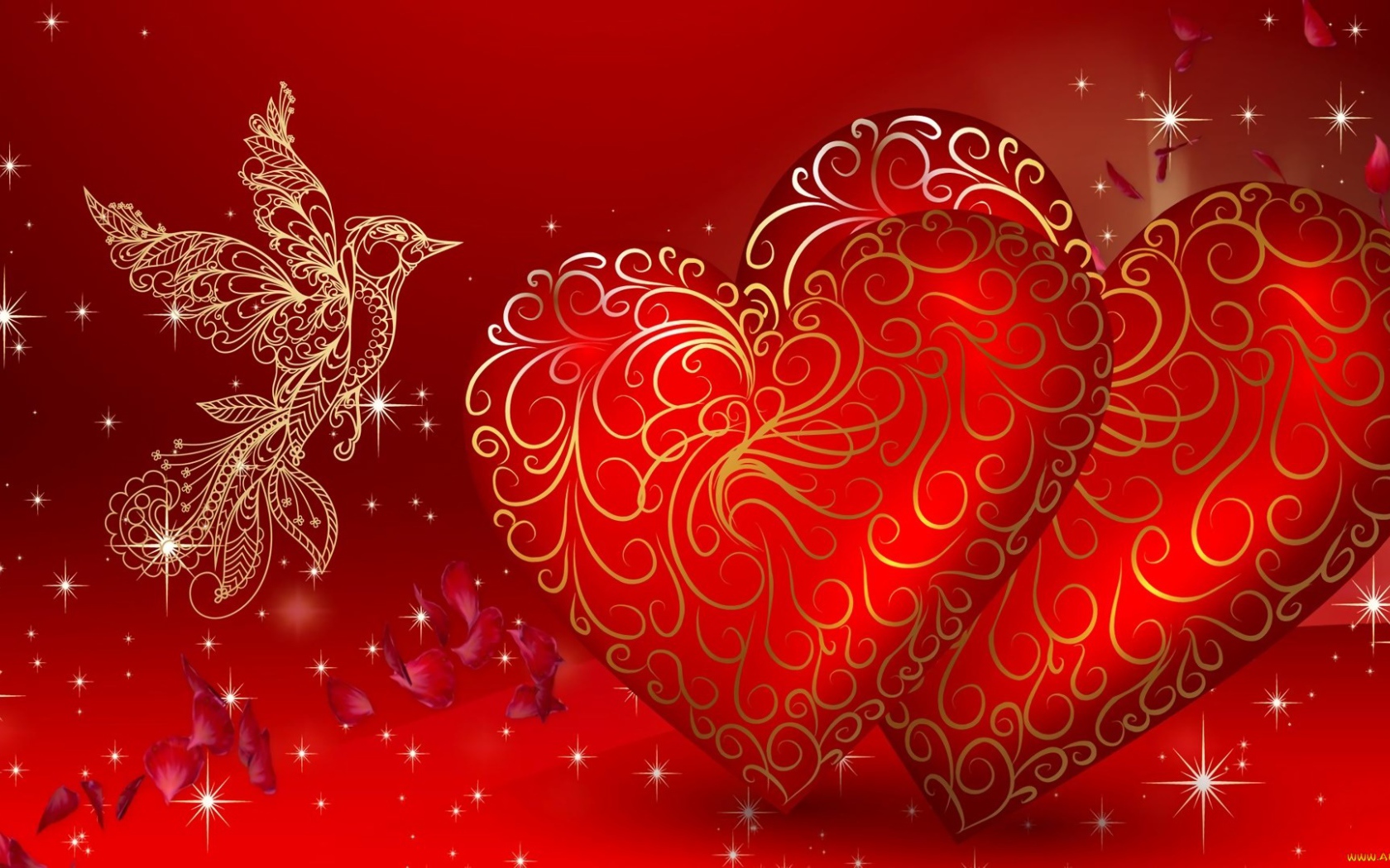 Два сердца и волшебная птица открытка на День Влюбленных 