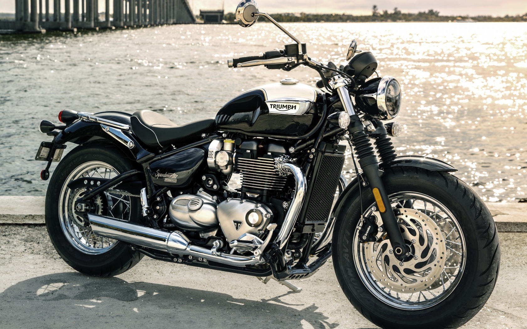 Стильный черный мотоцикл Triumph Bonneville Speedmaster, 2018 у воды