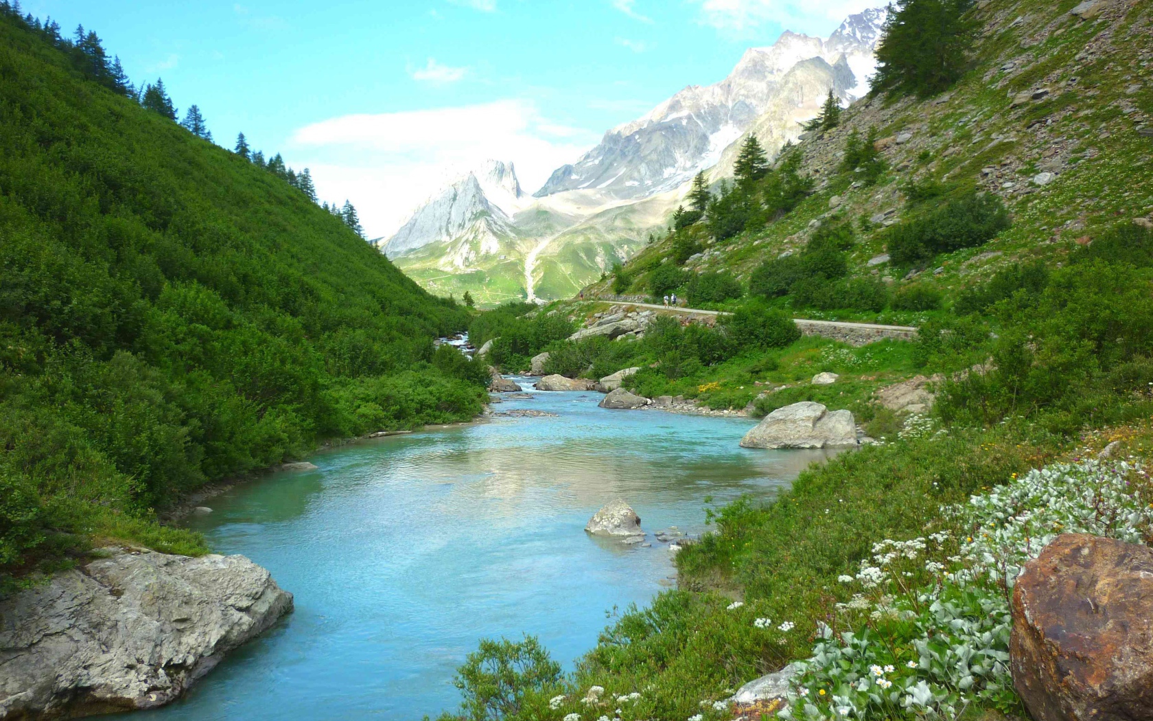 Горная река меж зеленых берегов 