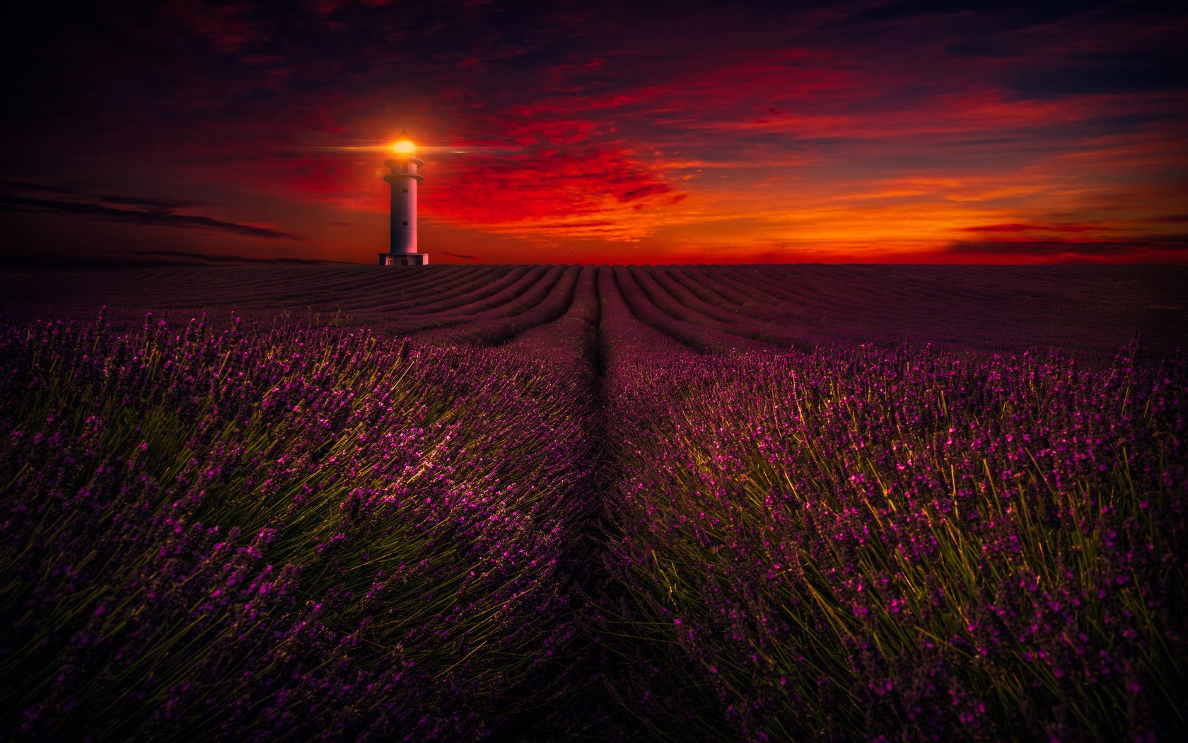 Маяк освещает лавандовое поле под красивым небом