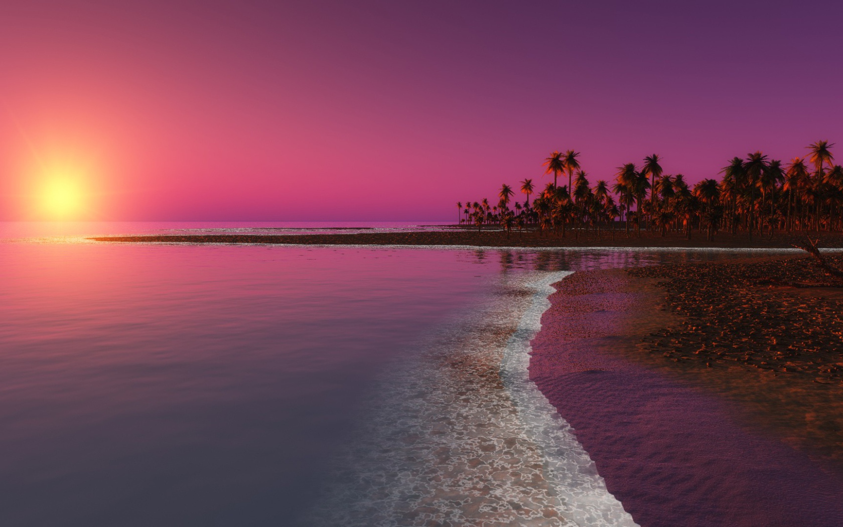 Красивый розовый закат на пляже