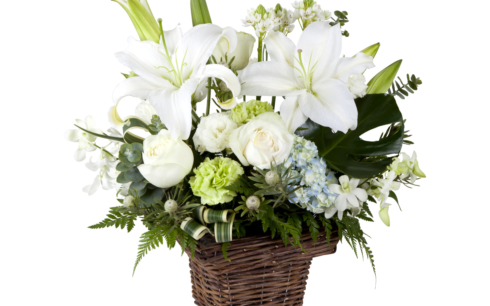 Цветы розы, гвоздики, лилии, хризантемы в корзинке на белом фоне