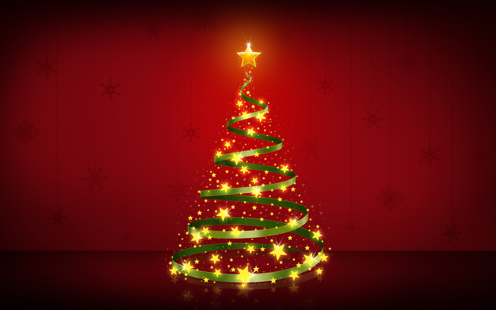 Новогодняя елка из зеленой ленты с яркой звездой на красном фоне