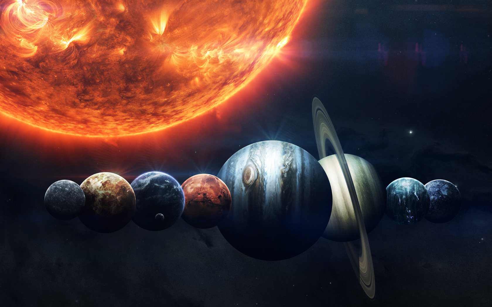 Планеты солнечной системы выстроились в ряд рядом с солнцем
