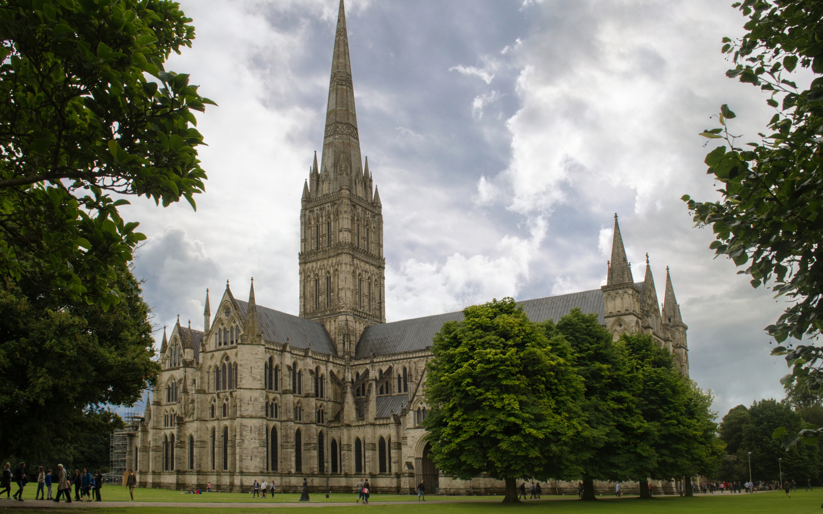 Ancient Salisbury cathedral against the sky, England
