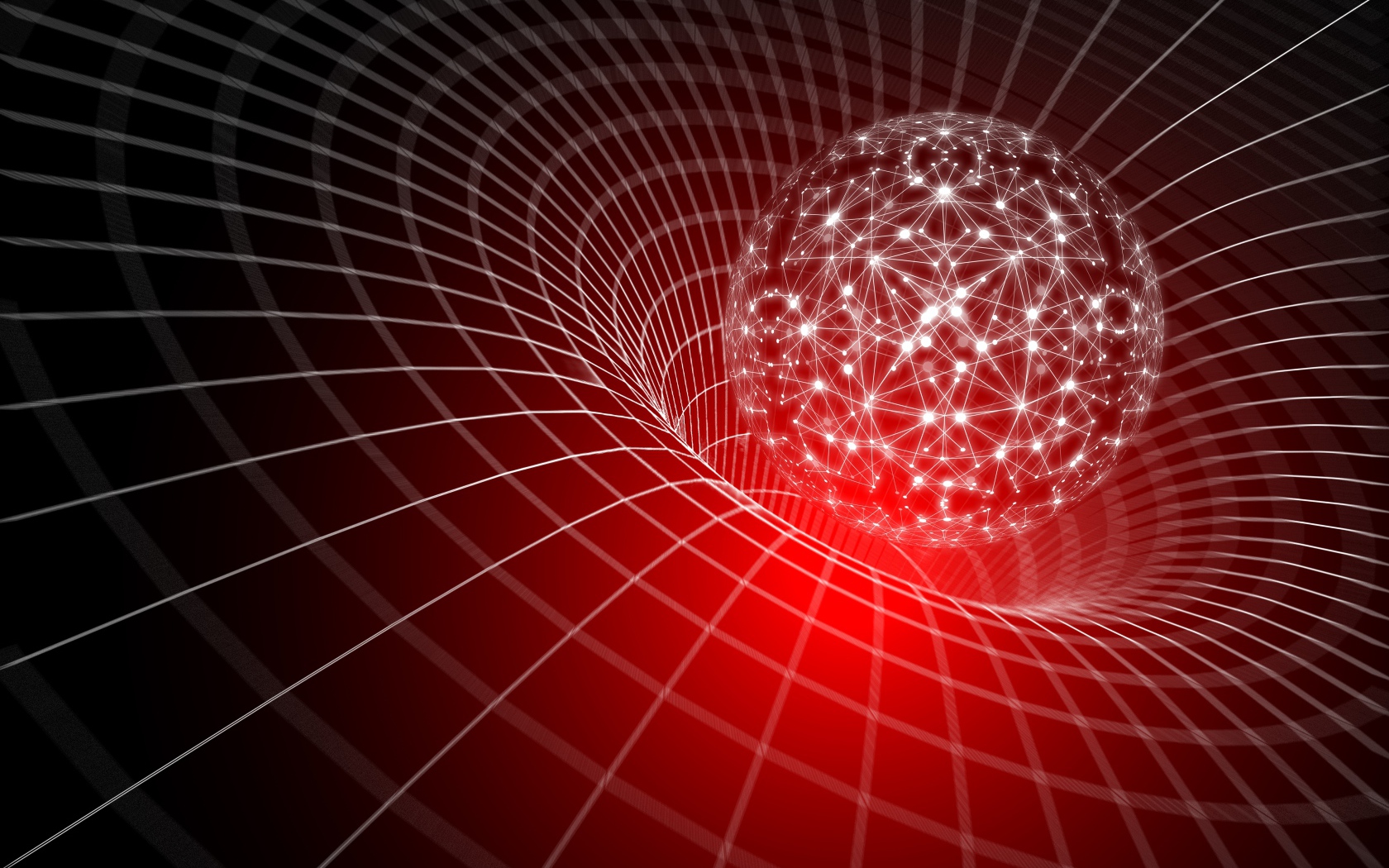 Светящийся белый шар погружается в воронку виртуальной сетки, 3д графика