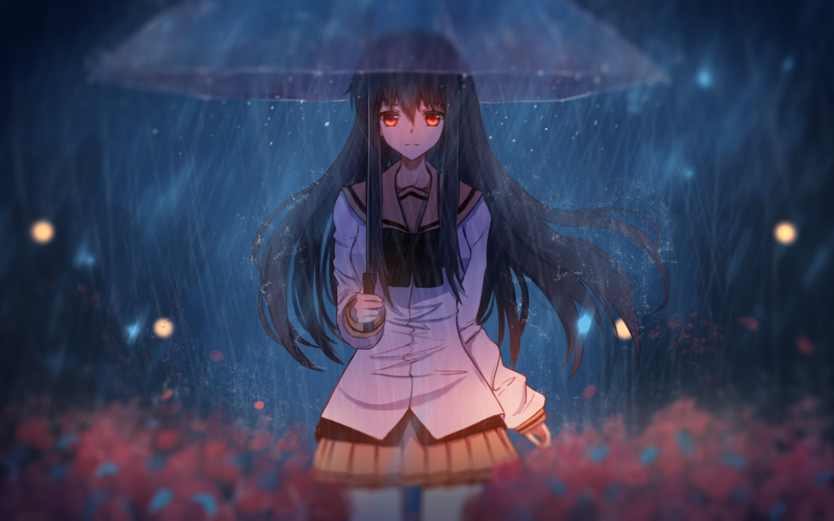 Anime girl under an umbrella in the rain