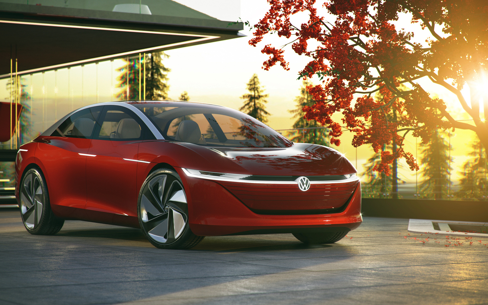 Красный автомобиль Volkswagen Id Vizzion 2018 в лучах солнца