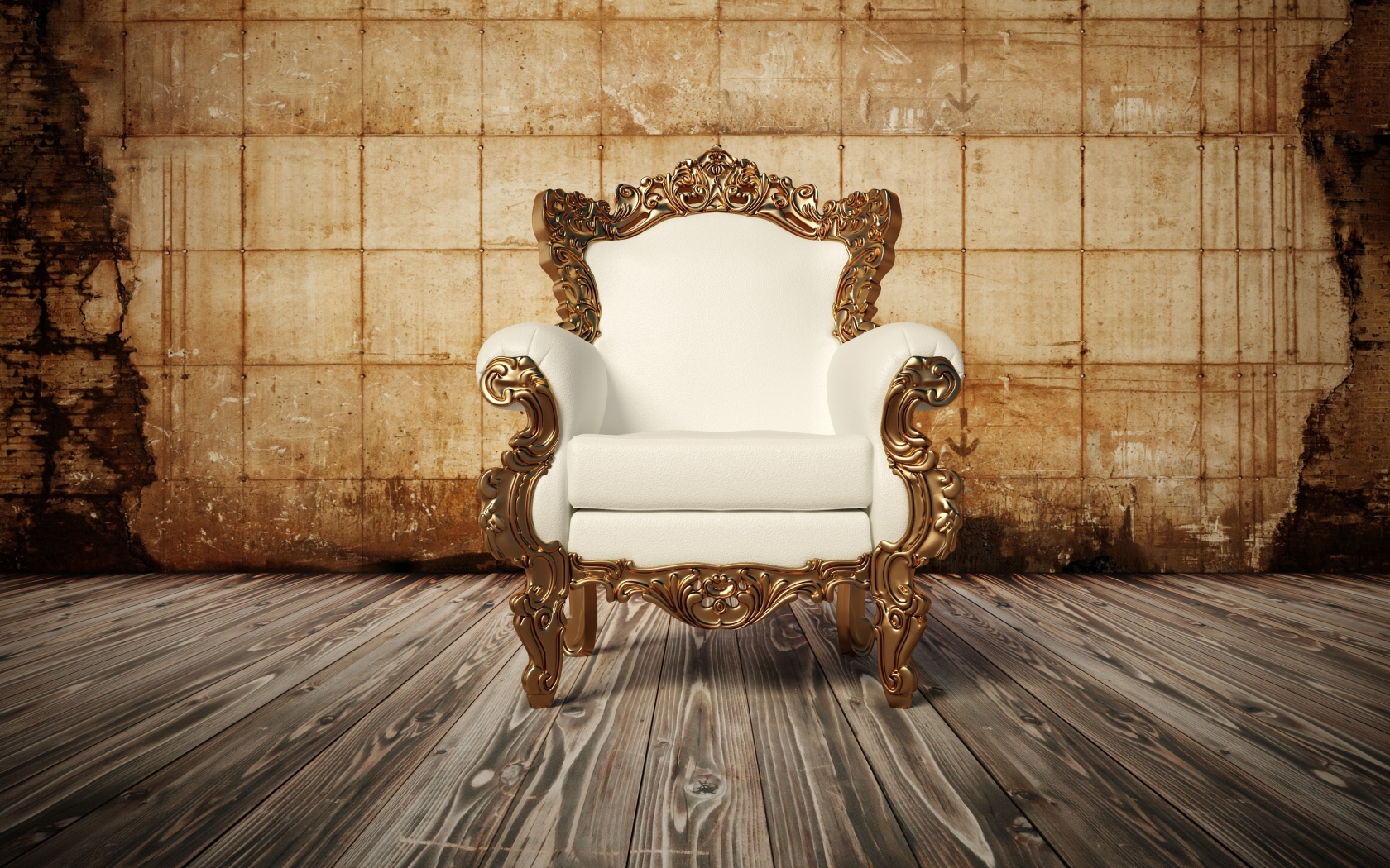 Белое новое кожаное кресло на деревянном полу у старой стены