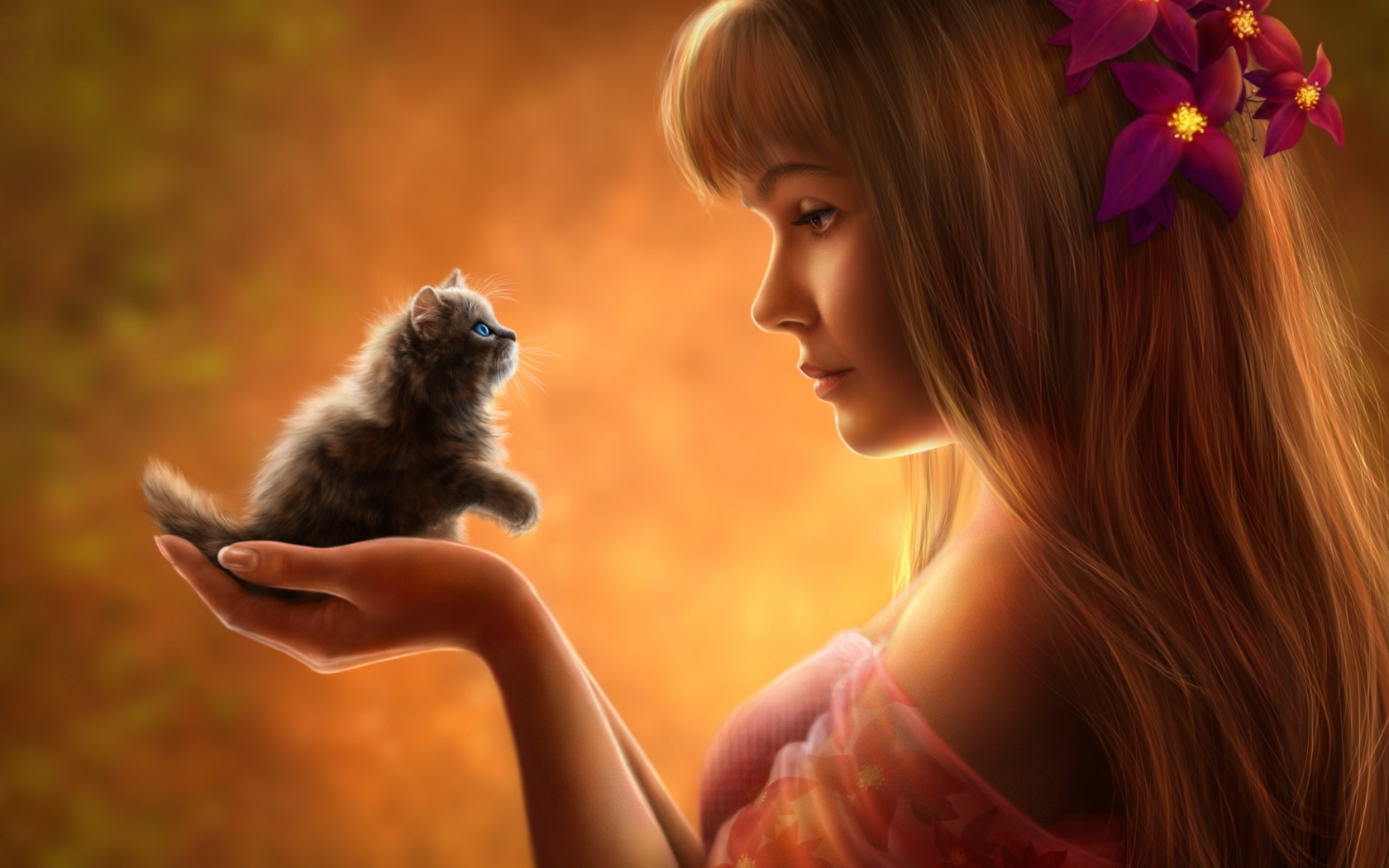 Девушка с цветами в волосах и с маленьким котенком в руках, фэнтези