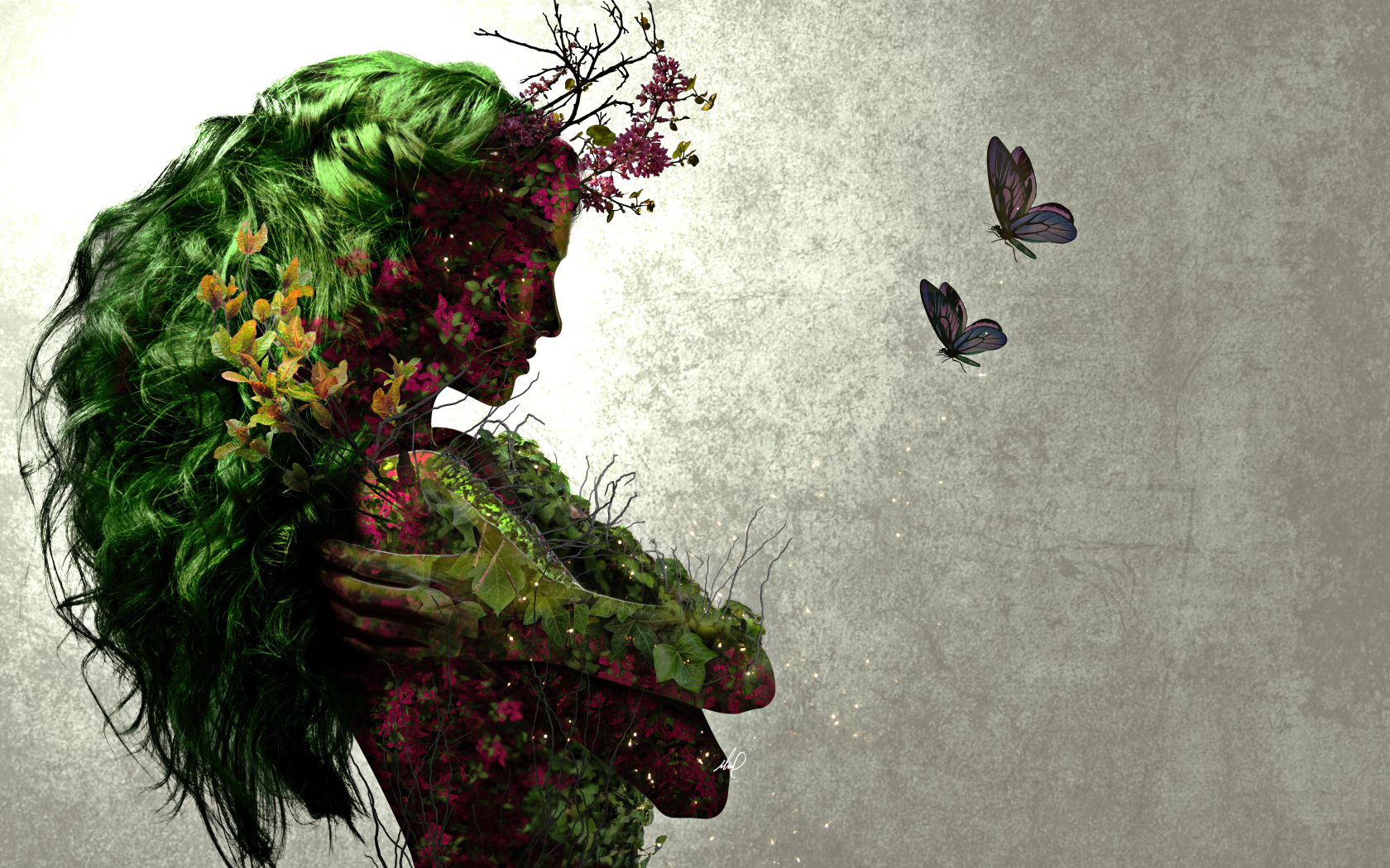 Фантастическая девушка с растениями и бабочками