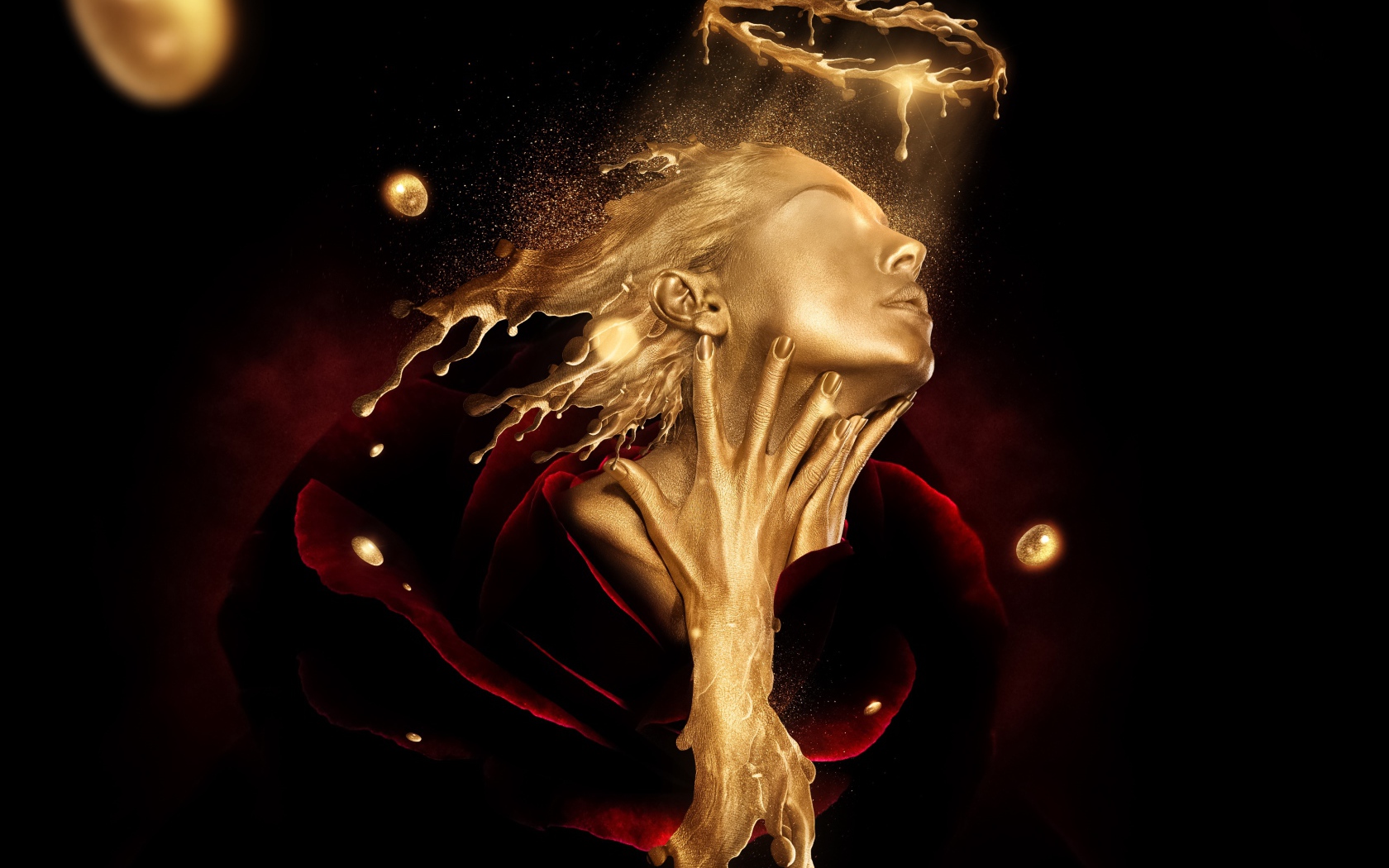 The face of a girl of gold in a red rose, fantasy