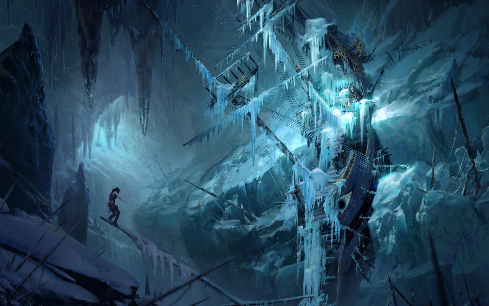 Девушка стоит на затонувшем покрытом льдом корабле, фэнтези