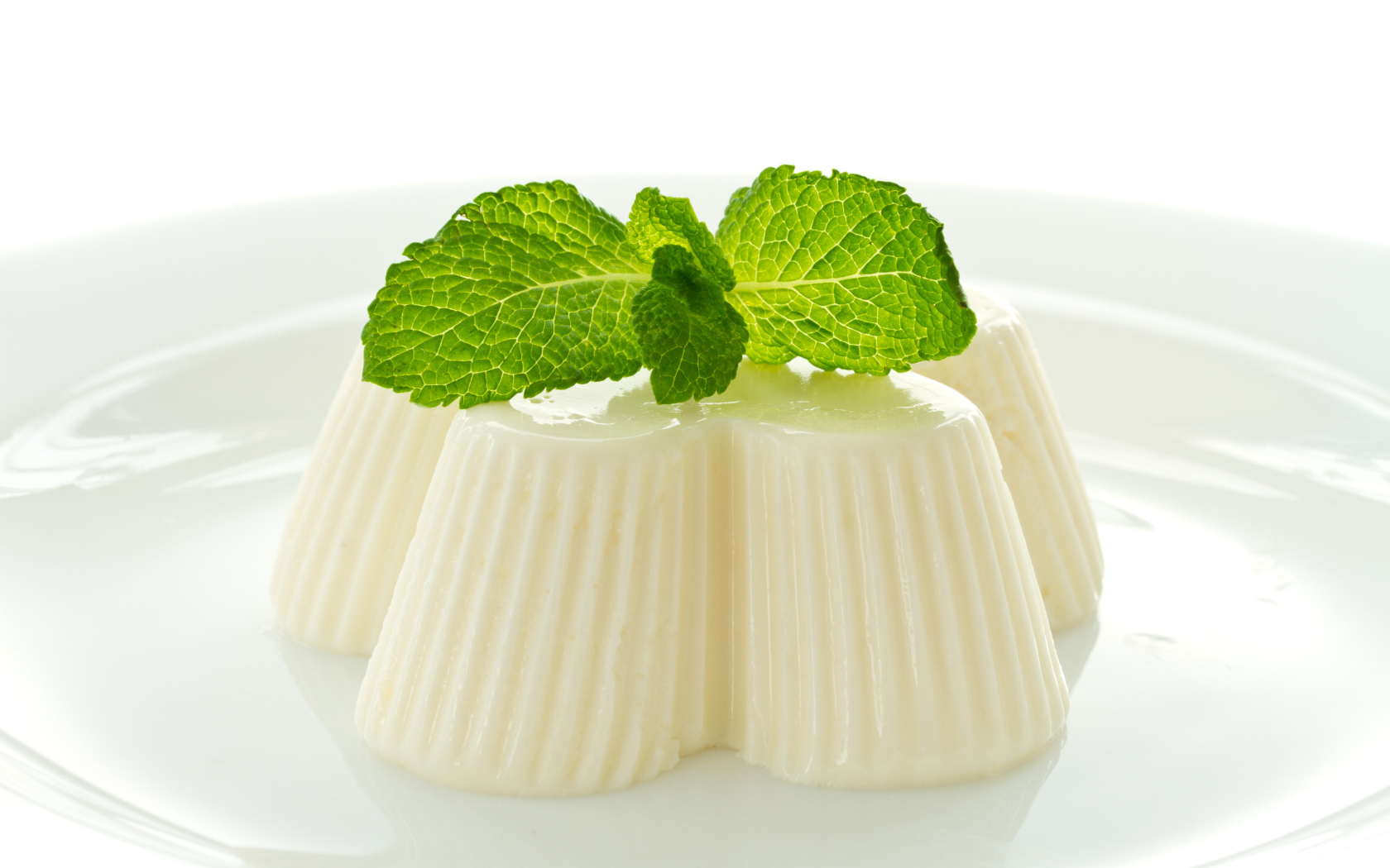 Молочное желе с мятой на белой тарелке 
