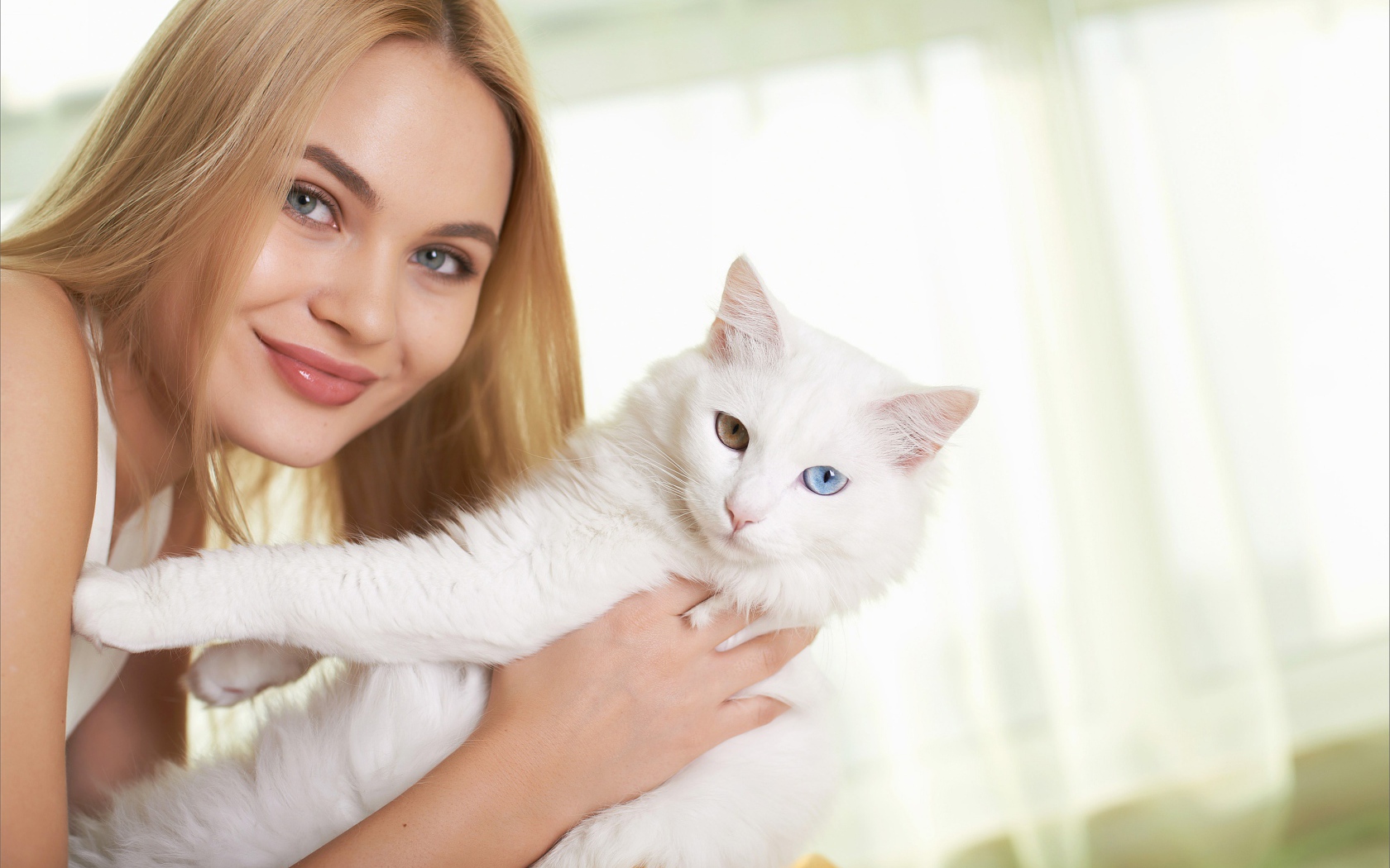 Красивая девушка с белым котом в руках