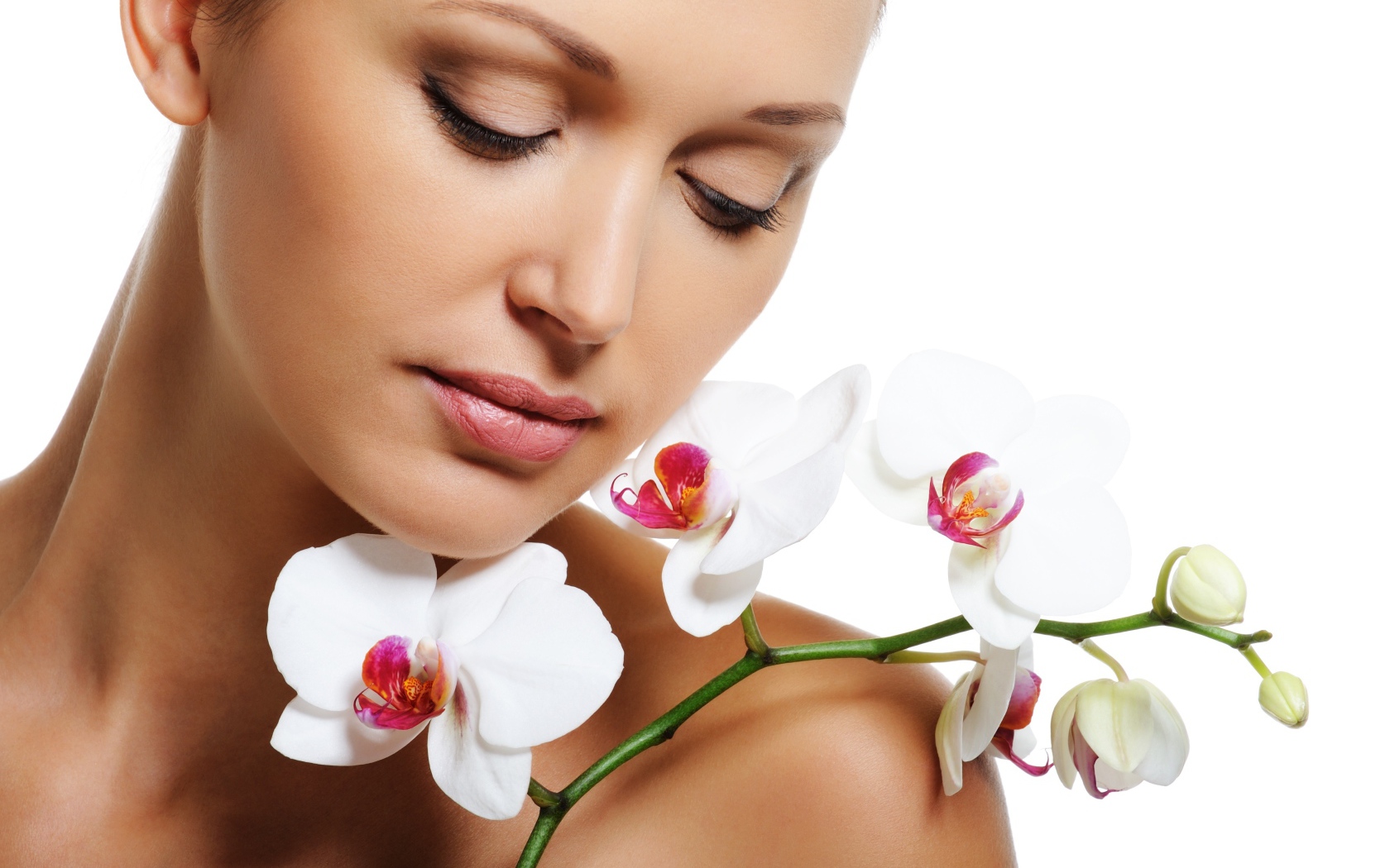 Красивая нежная девушка с цветами орхидеи на белом фоне