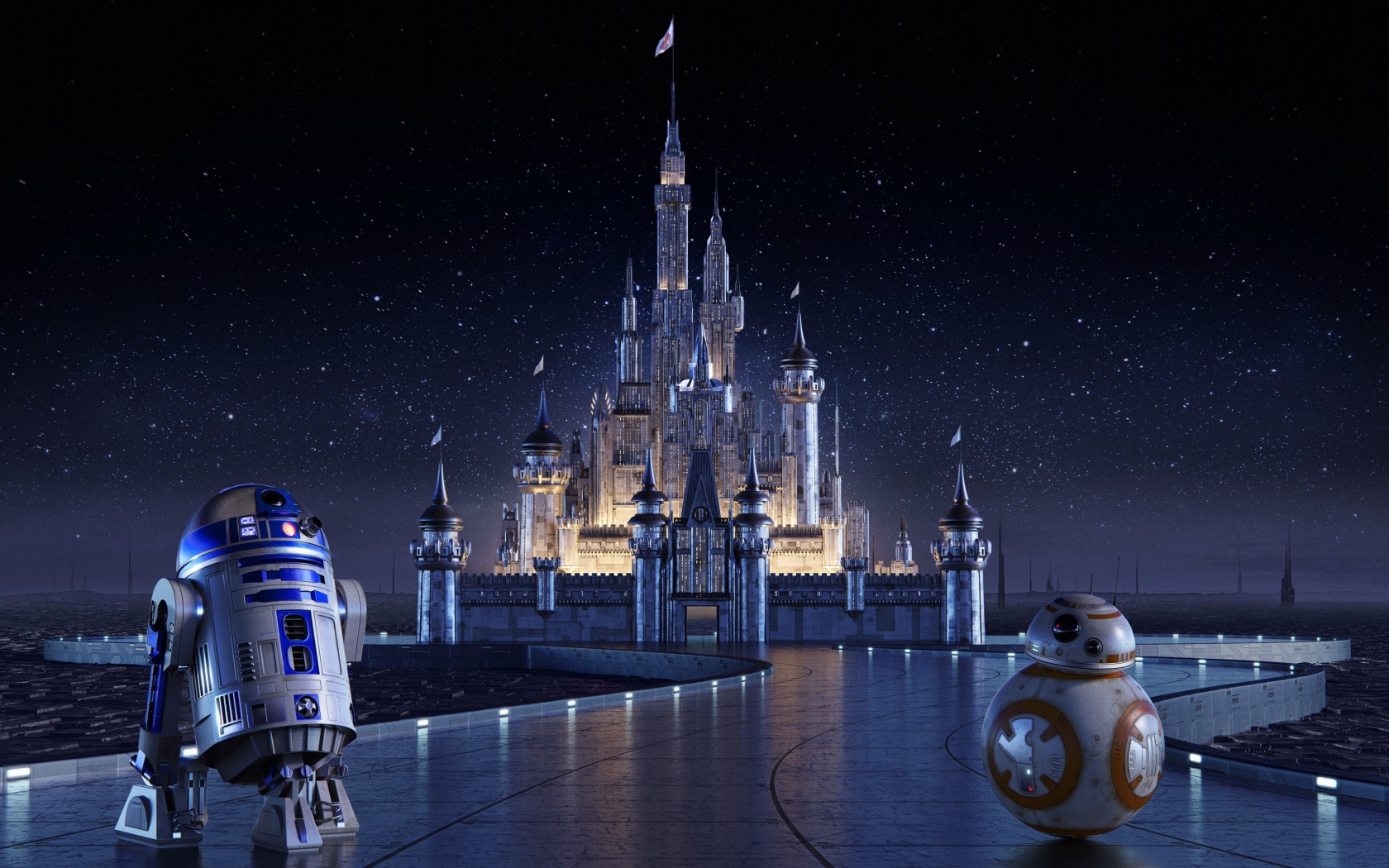 Роботы R2-D2 и BB-8 на фоне замка Disney