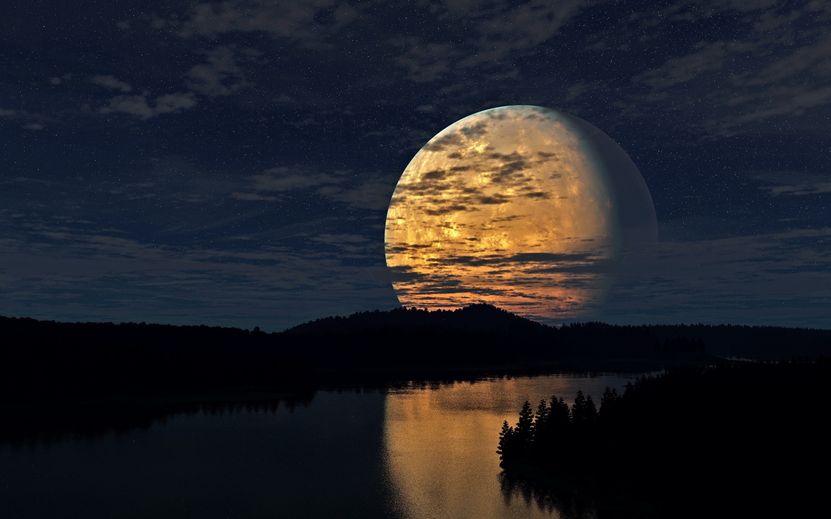 A huge moon is reflected in the river at night