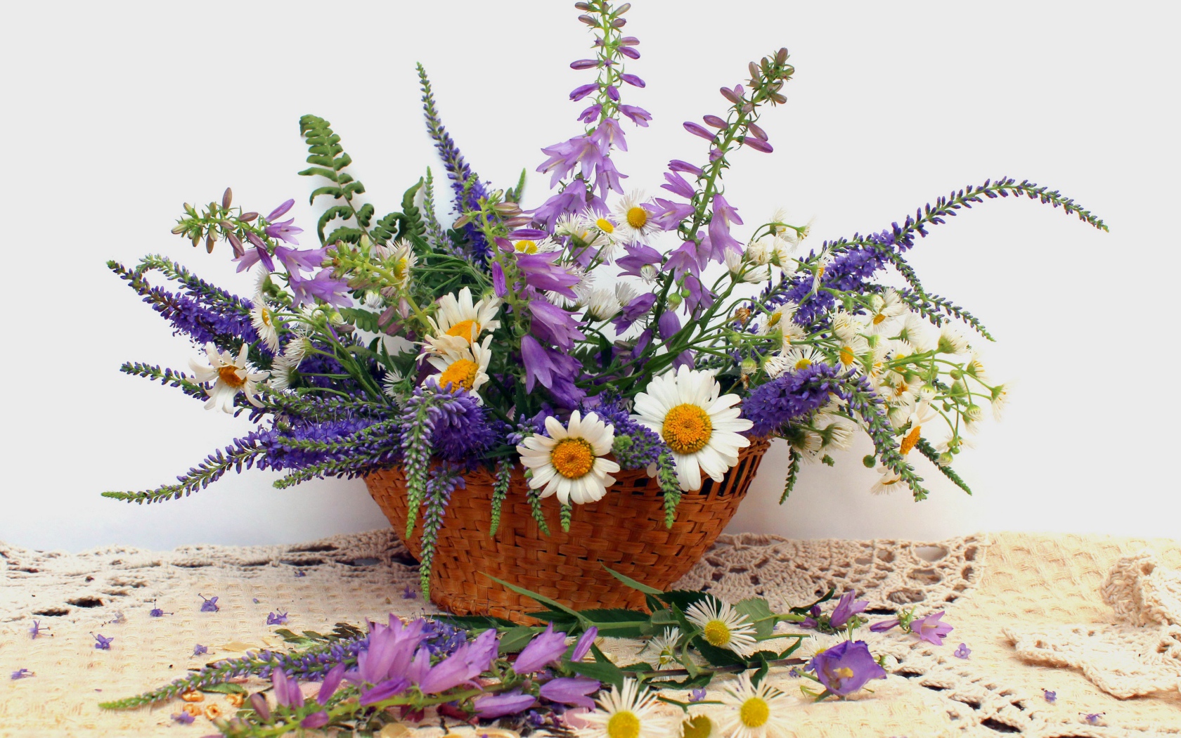 Корзина красивых полевых цветов на сером фоне