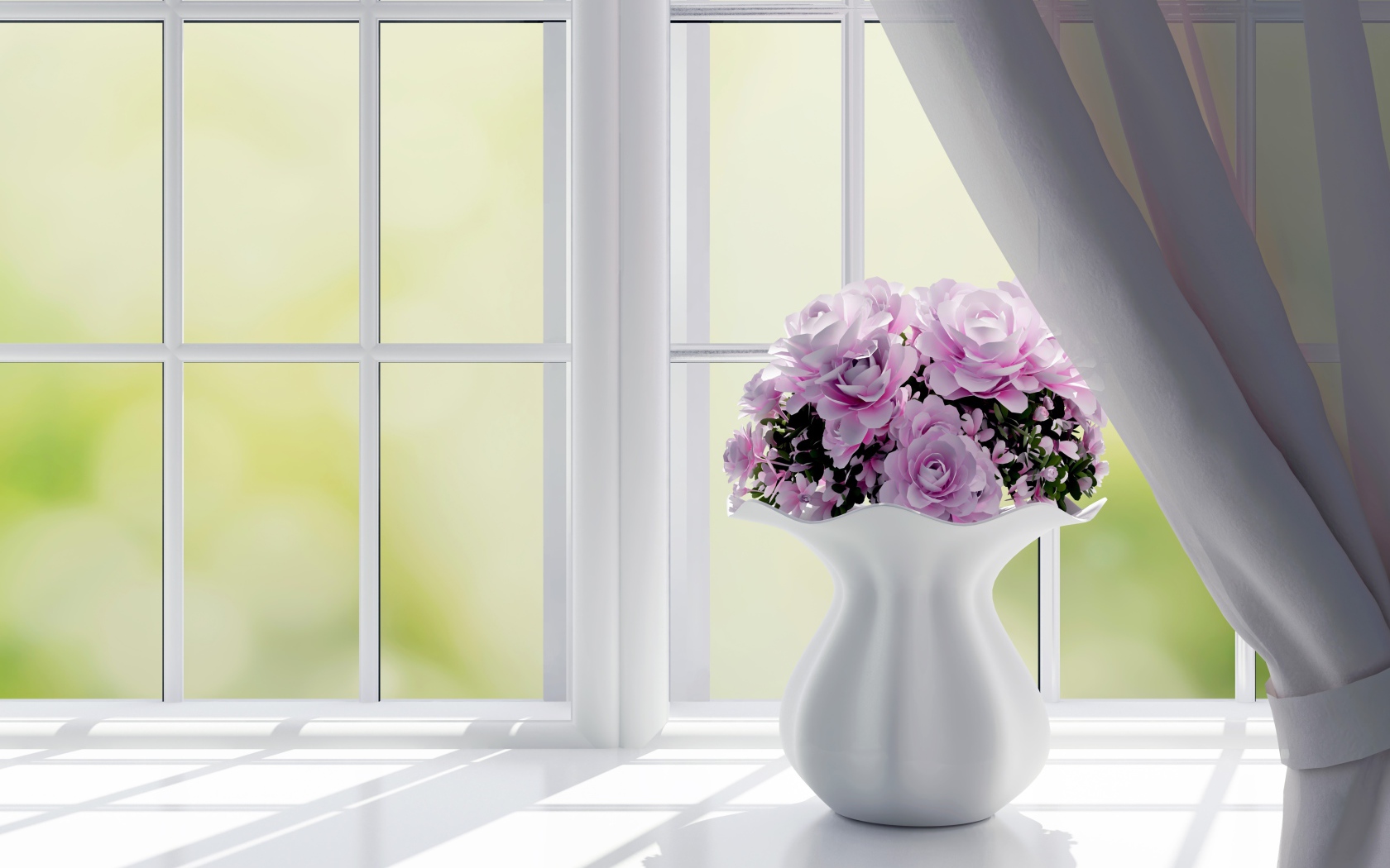 Бумажные розы в большой белой вазе стоят на окне