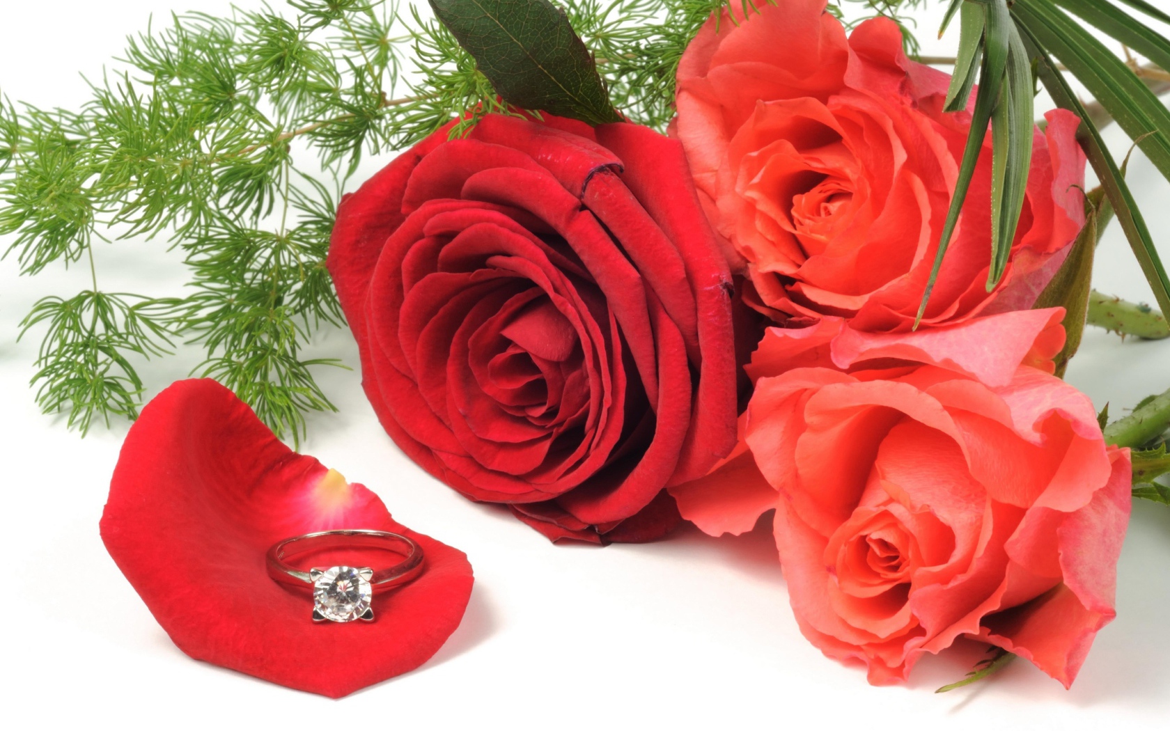 Три красных розы с красивым кольцом с бриллиантом