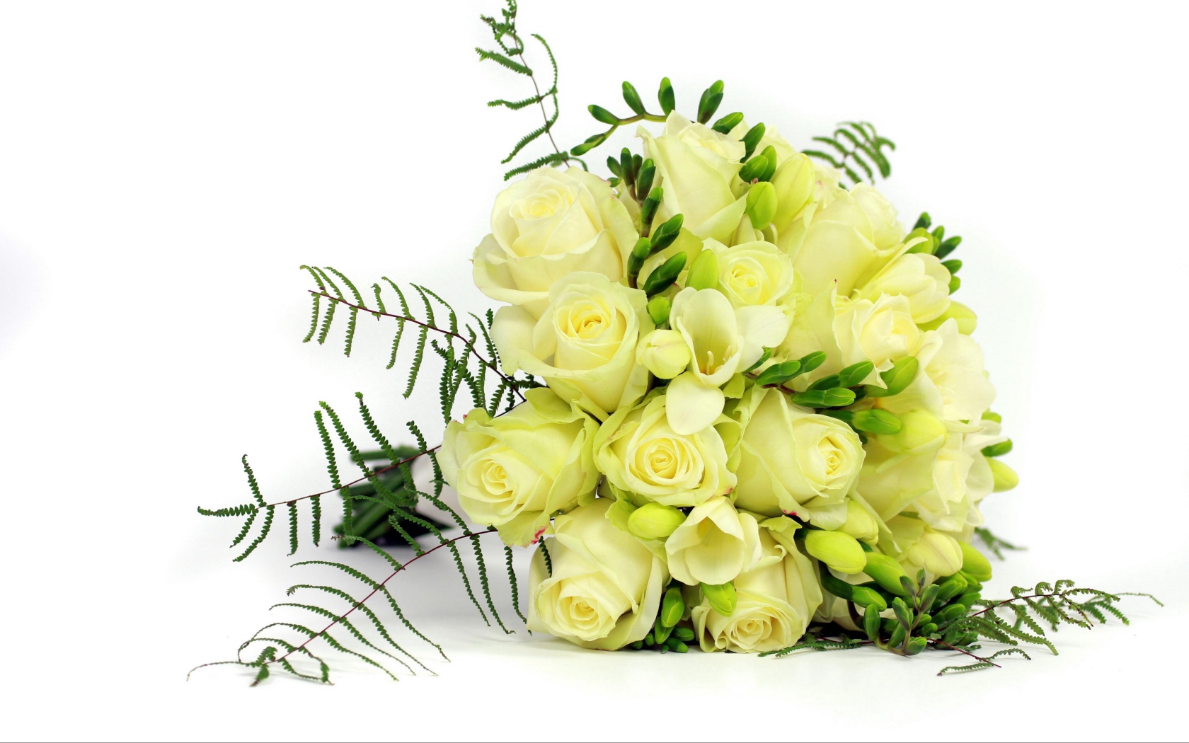 Белые цветы роз и фрезии в праздничном букете на белом фоне