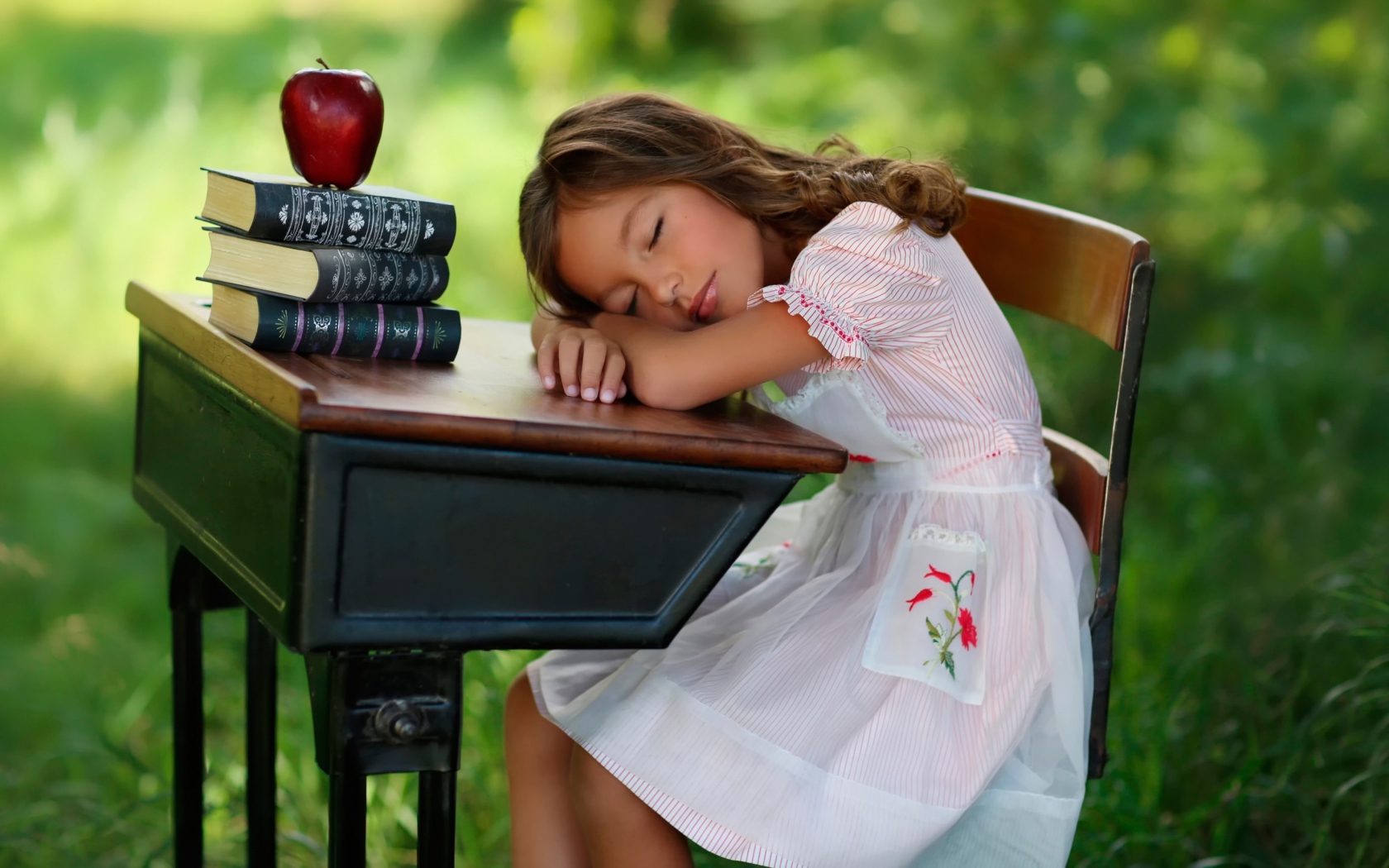 Уставшая маленькая ученица уснула за партой