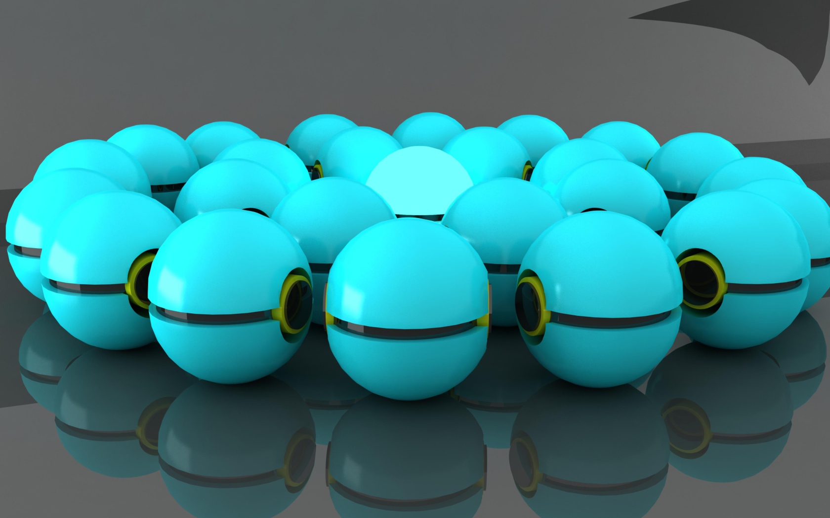 Много голубых шаров отражаются в сером поверхности 