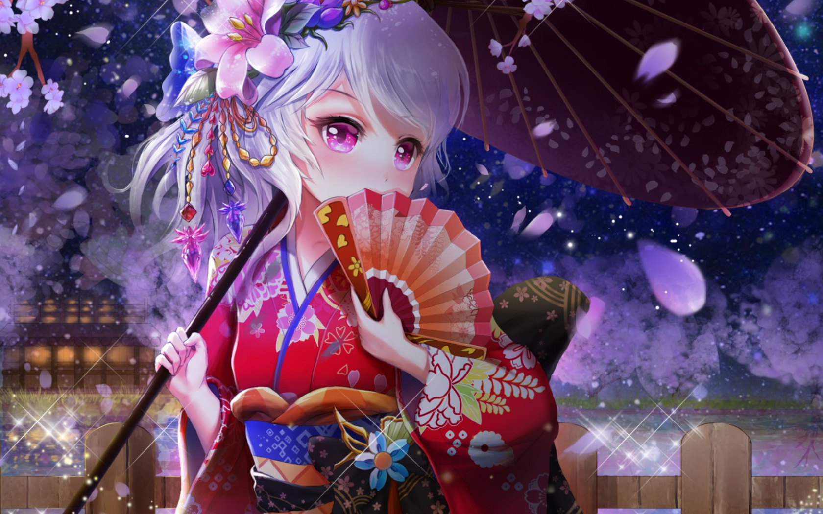 Девушка аниме с веером и зонтом в руке