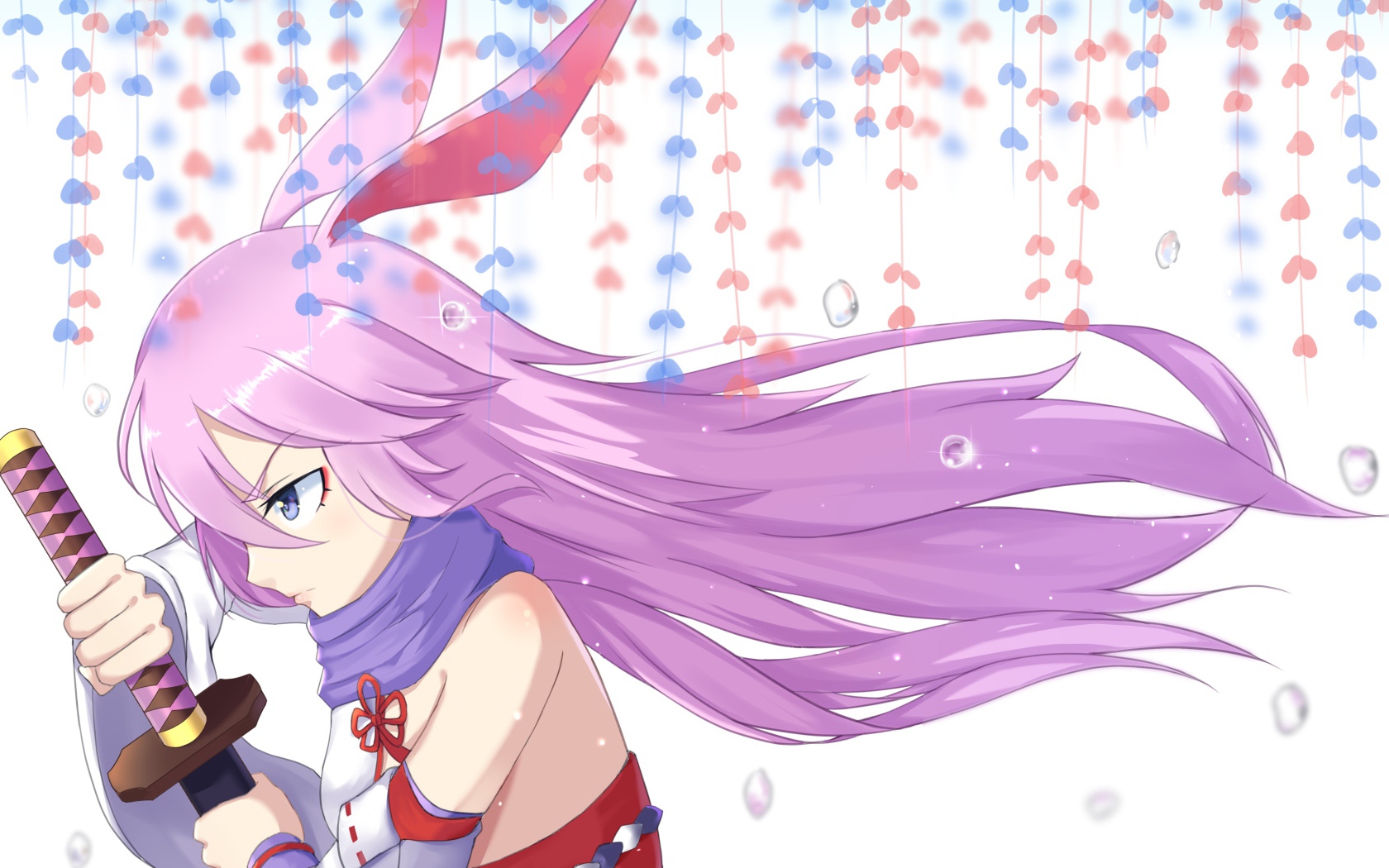 Anime girl with lilac hair and a sword in his hands