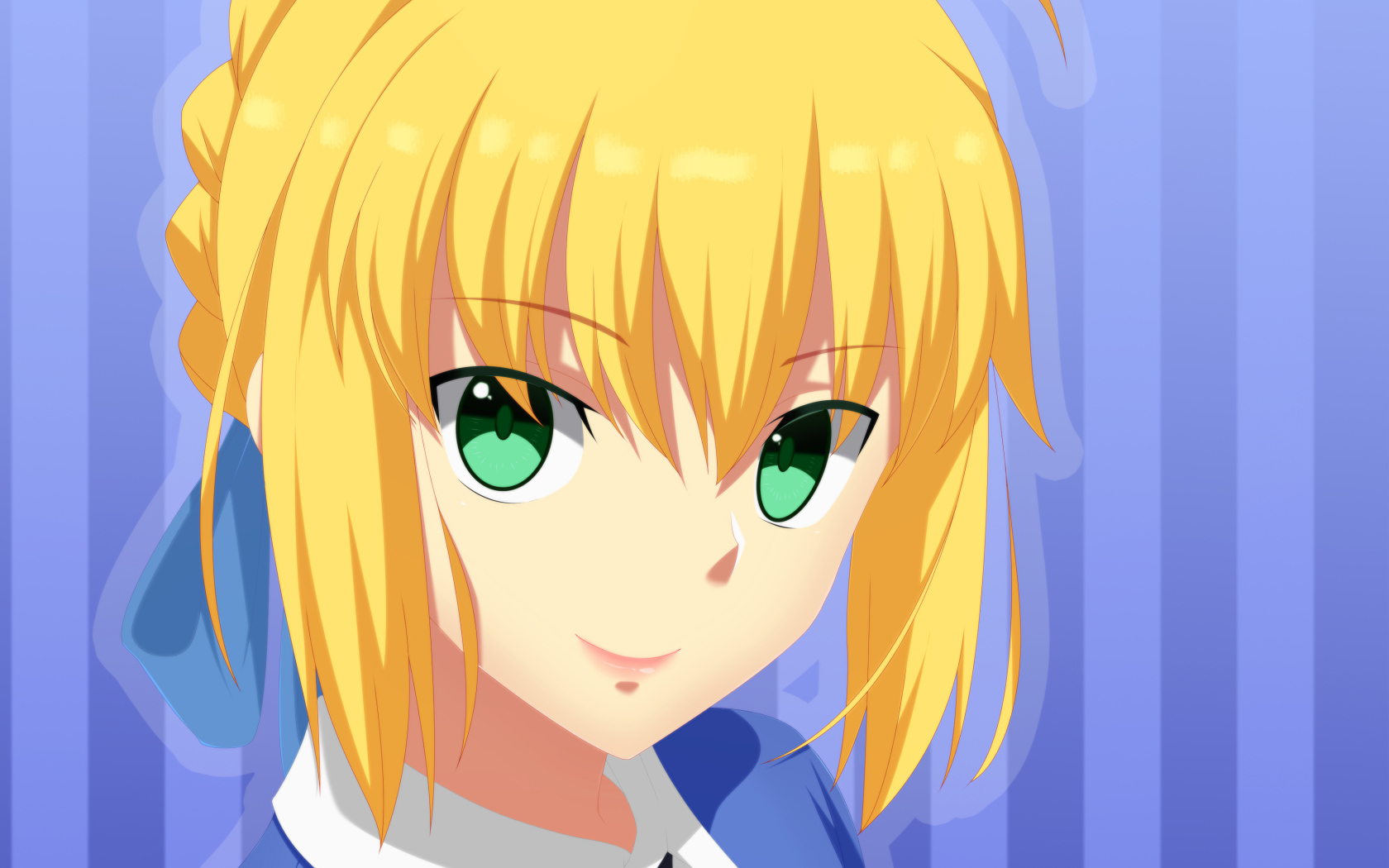 Лицо зеленоглазой девушки аниме с желтыми волосами