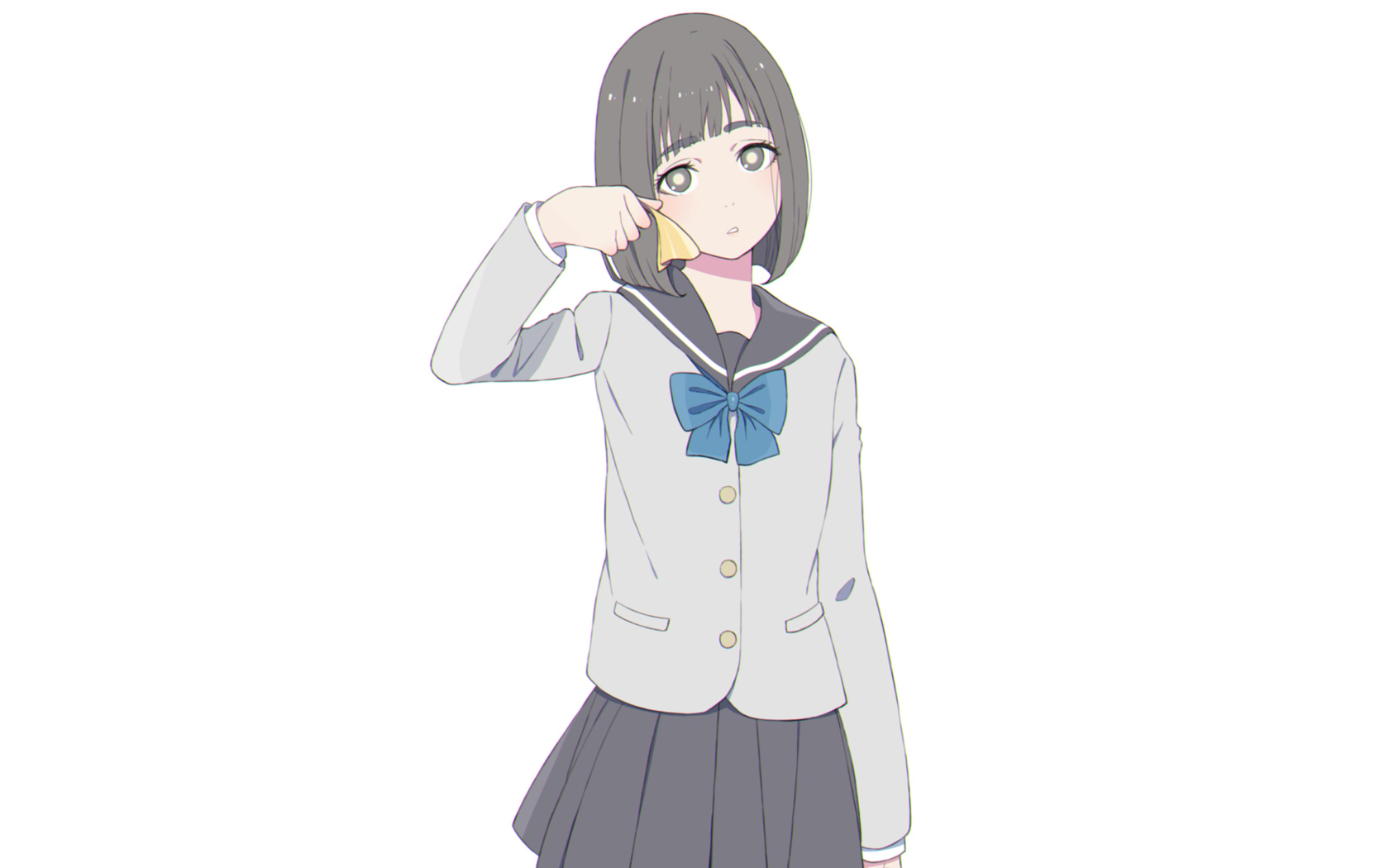 Грустная девушка аниме с форме на белом фоне