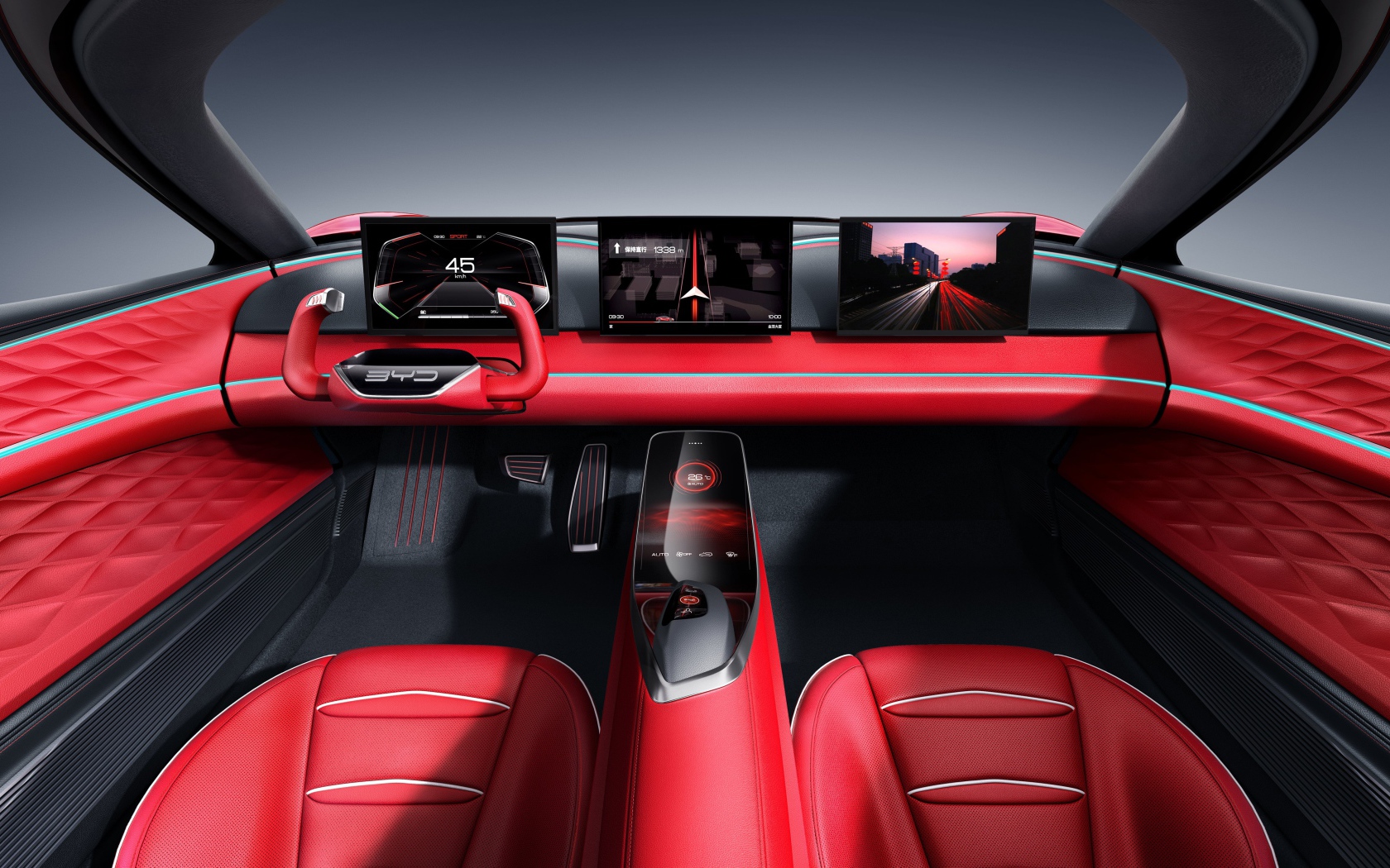 Красный кожаный салон автомобиля BYD E-SEED GT,  2019