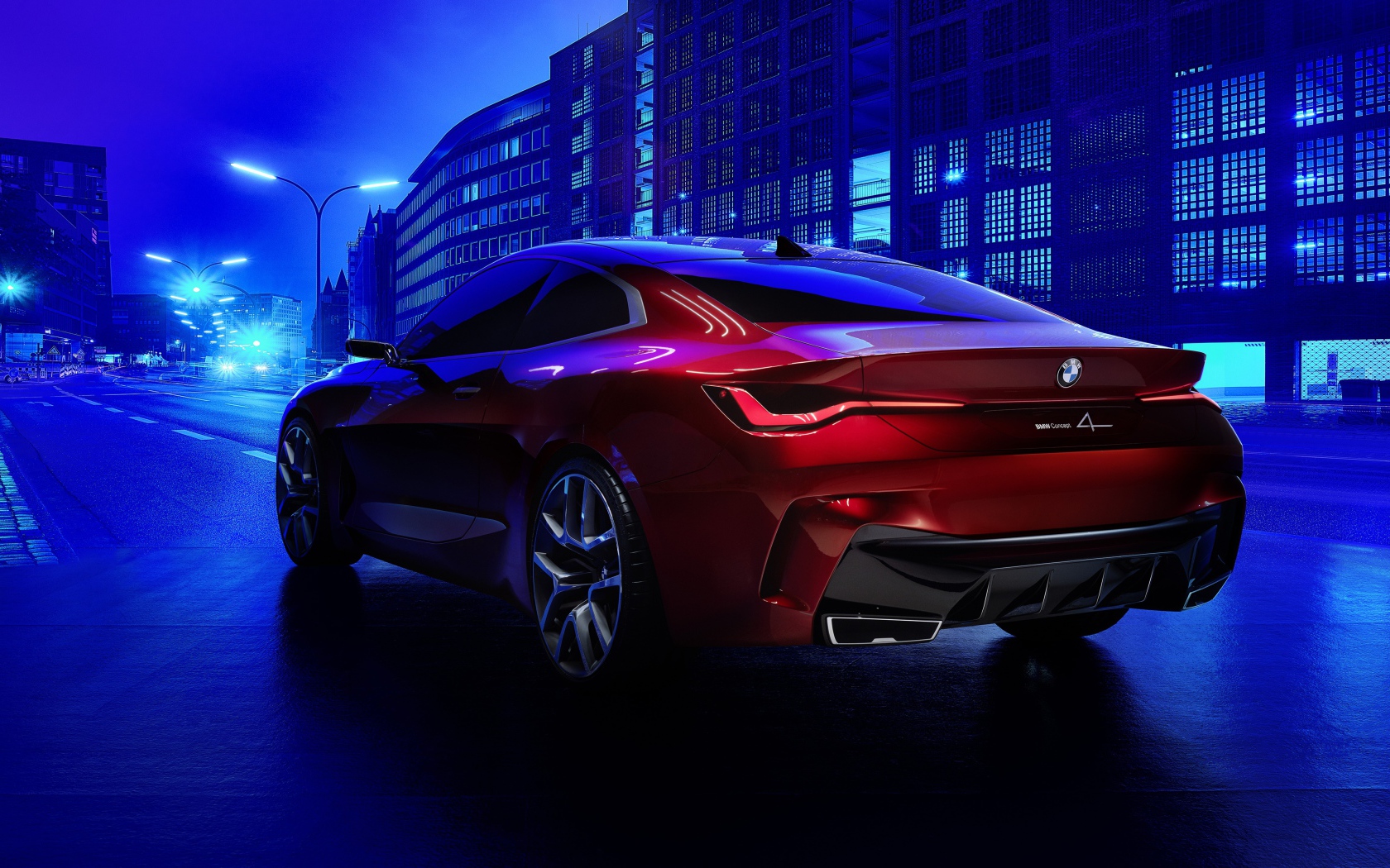 Красный автомобиль BMW Concept 4 2019 года в городе