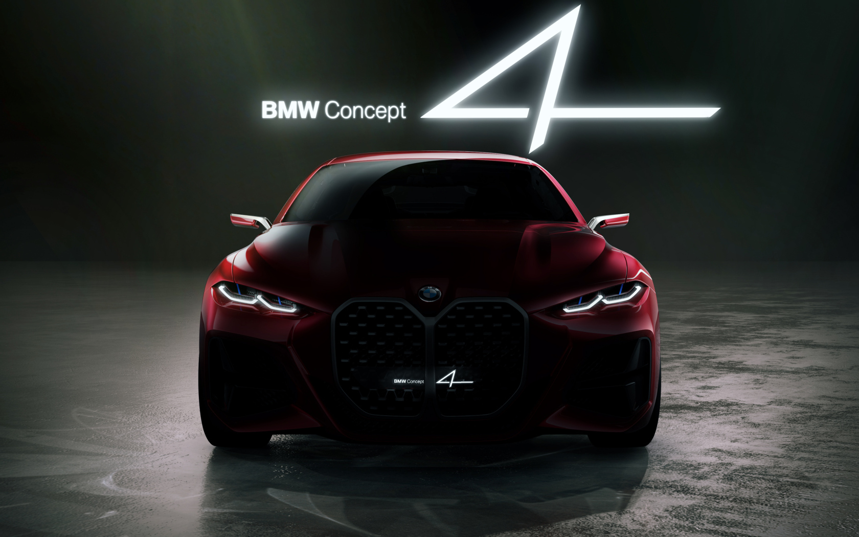 Красный автомобиль BMW Concept 4 2019 года на черном фоне