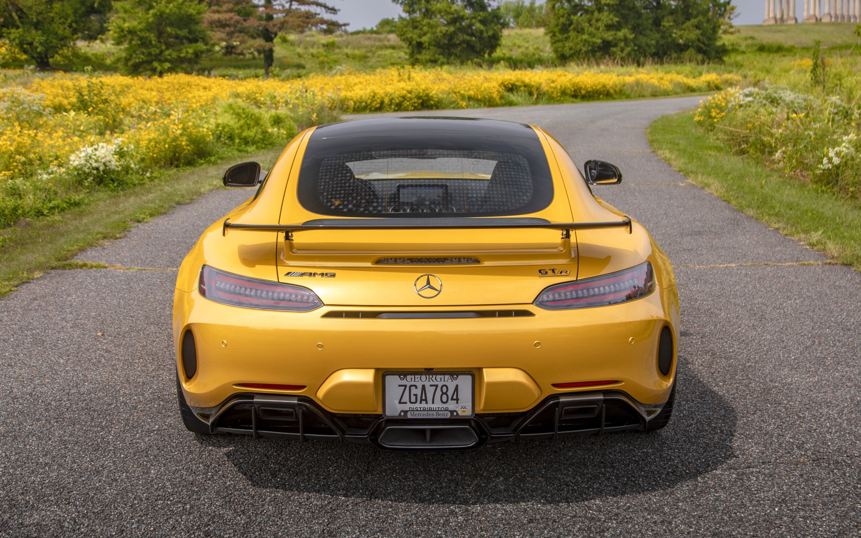 Желтый автомобиль  Mercedes-AMG GT R, 2020 года вид сзади