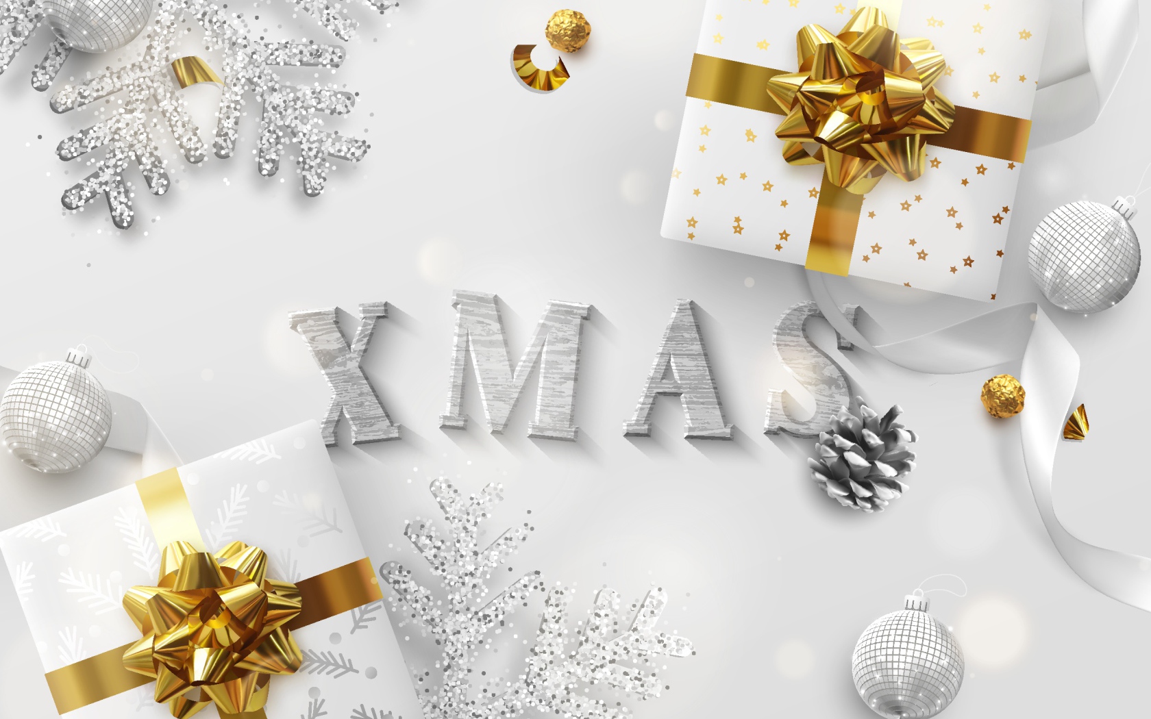 Два подарка и снежинки на Рождество 