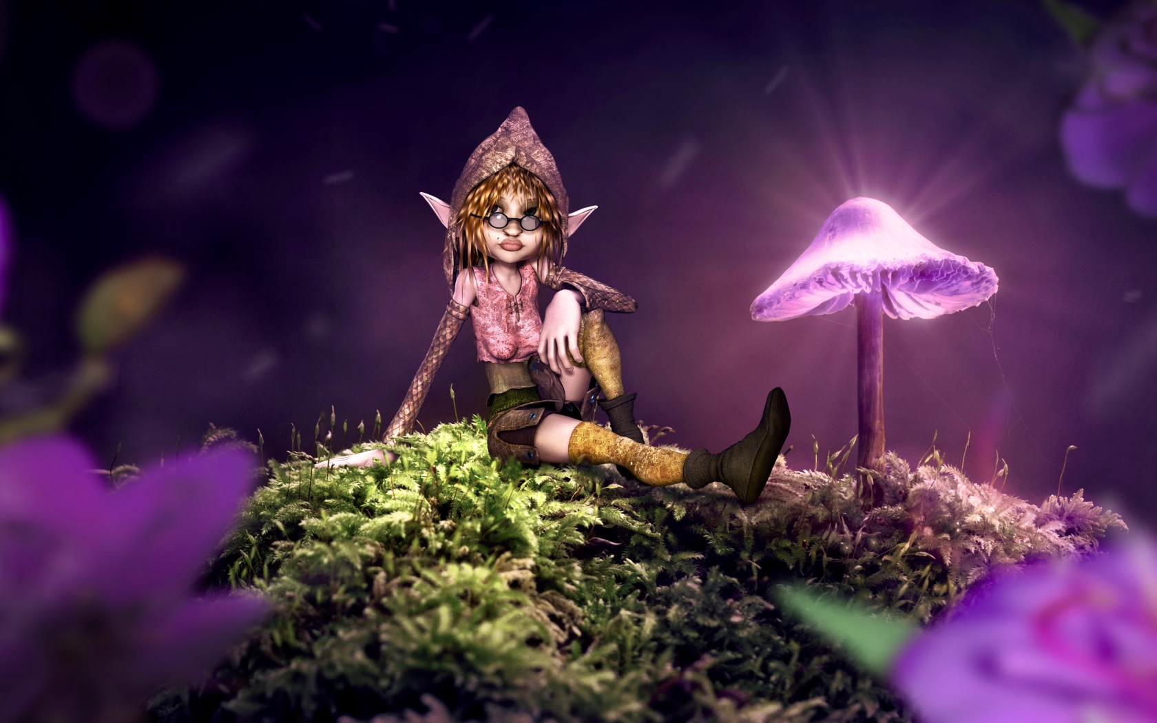 Фантастический эльф сидит на покрытой мхом земле с неоновыми грибами