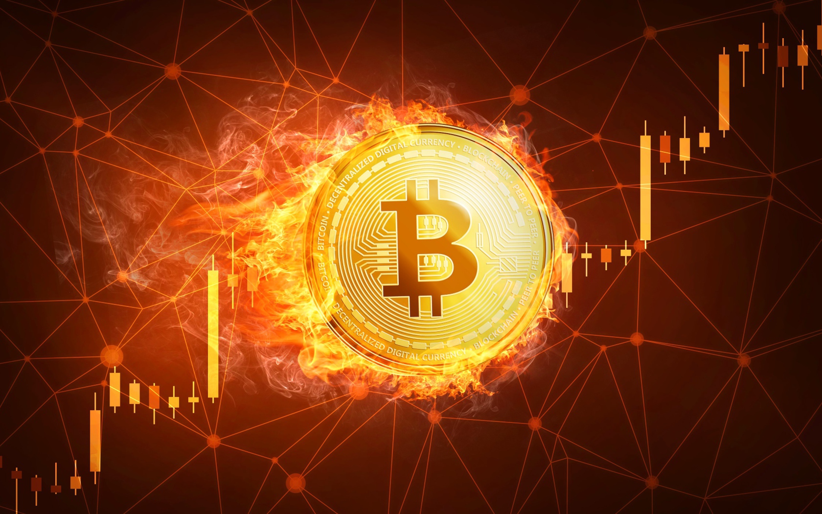 Монета Биткоин в огне на фоне сети 