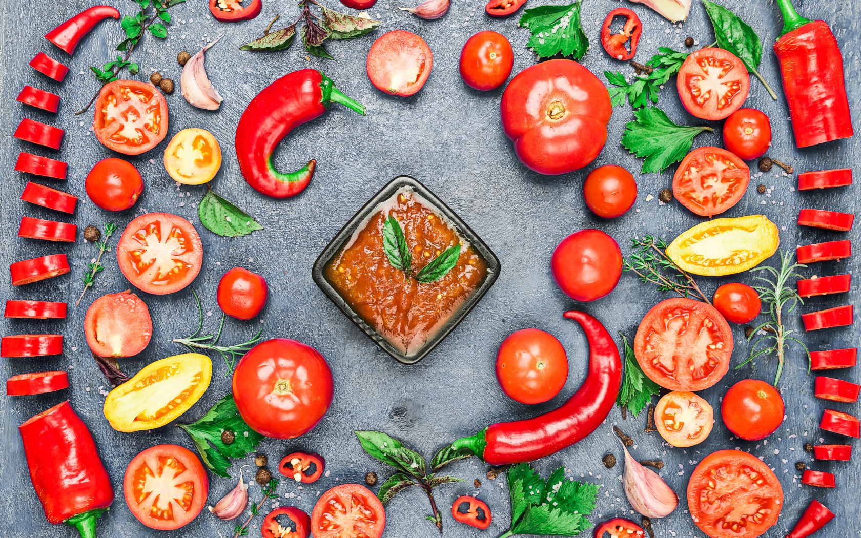 Соус на  сером фоне с овощами, специями и зеленью