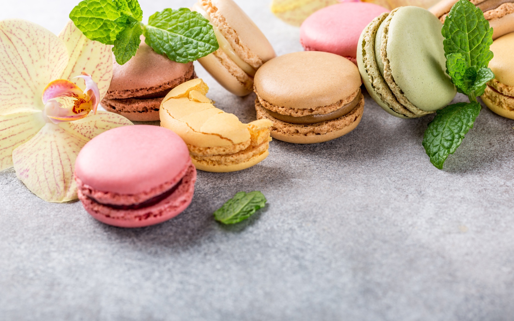 Десерт макарон на серой поверхности с цветами орхидеи и мятой